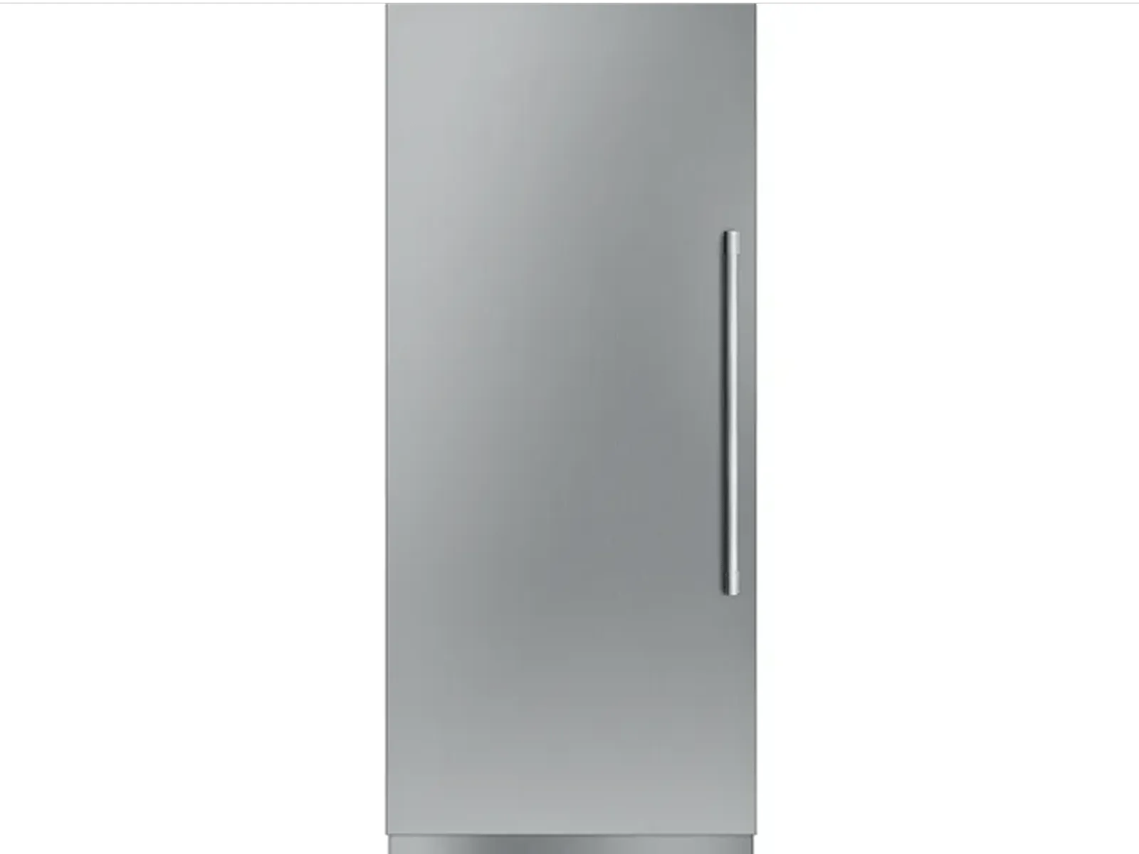 Tall, modern stainless steel freezer with a vertical handle on the right side against a plain background.