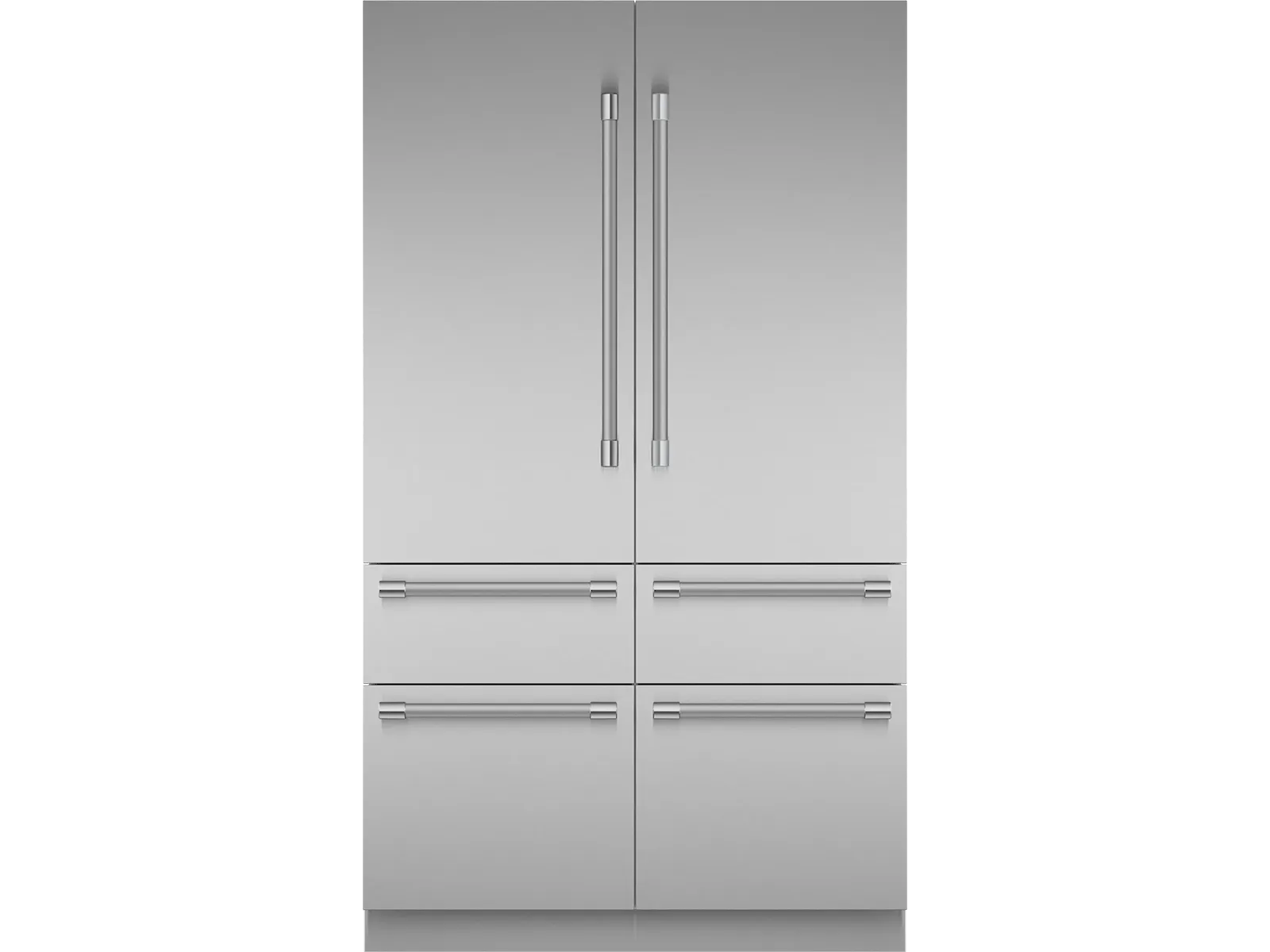 Sleek, modern stainless steel side-by-side refrigerator with four lower drawer compartments and long vertical handles.