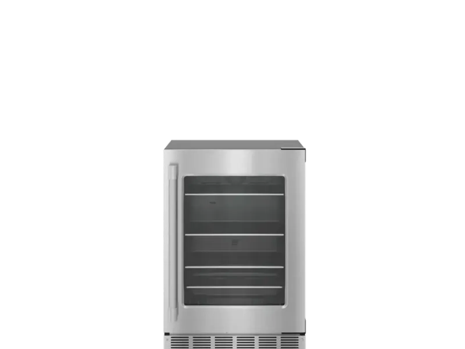 Stainless steel wine cooler with glass door and shelves, perfect for chilling beverages.