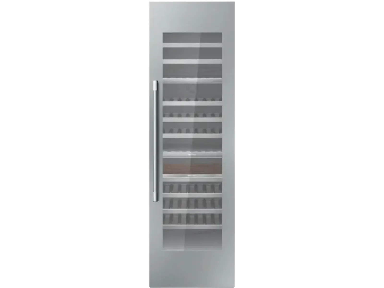 Tall stainless steel wine cooler with glass door and multiple horizontal racks inside.