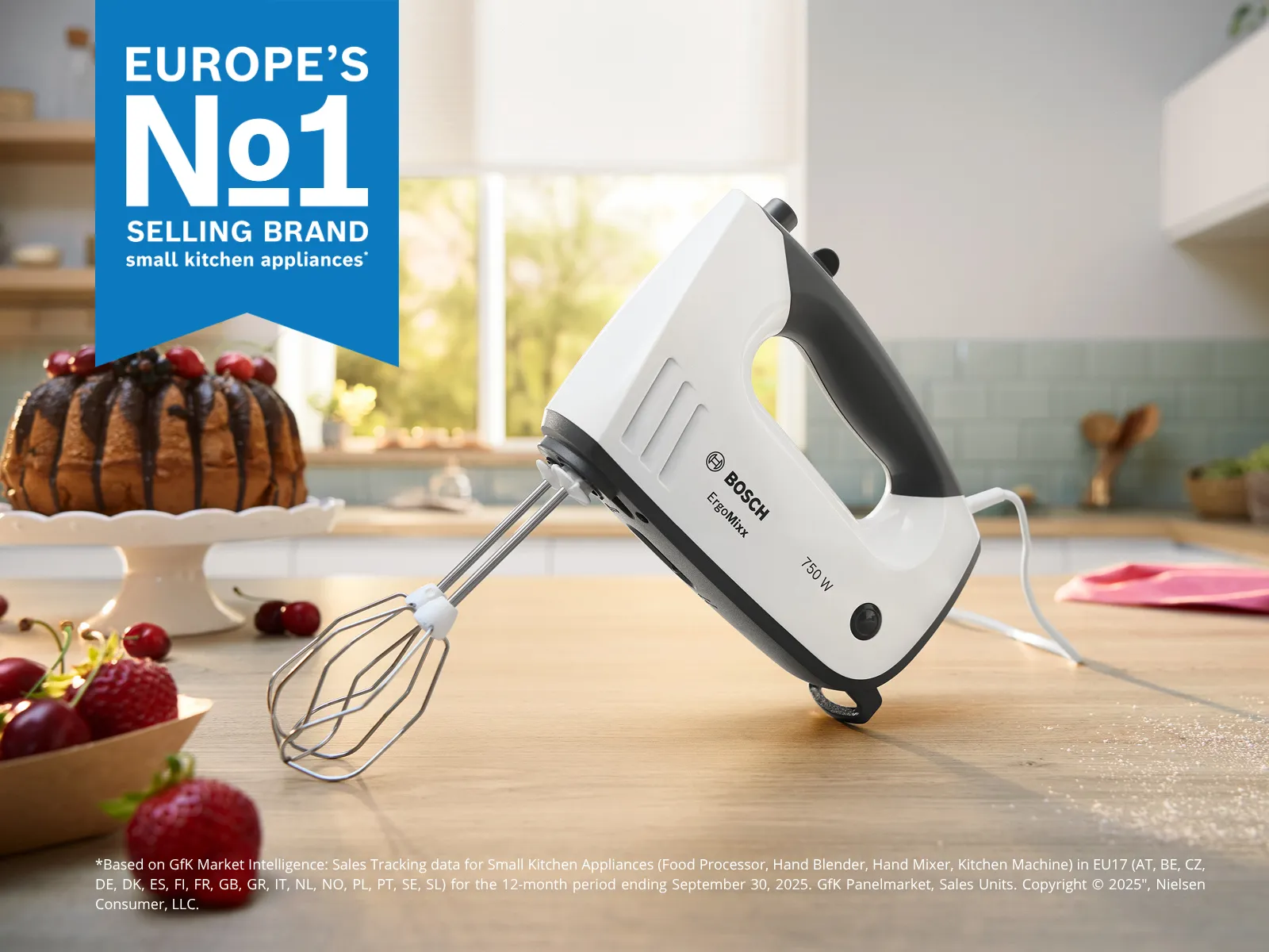 Een Bosch handmixer naast het Europese Nr. 1 merk logo.