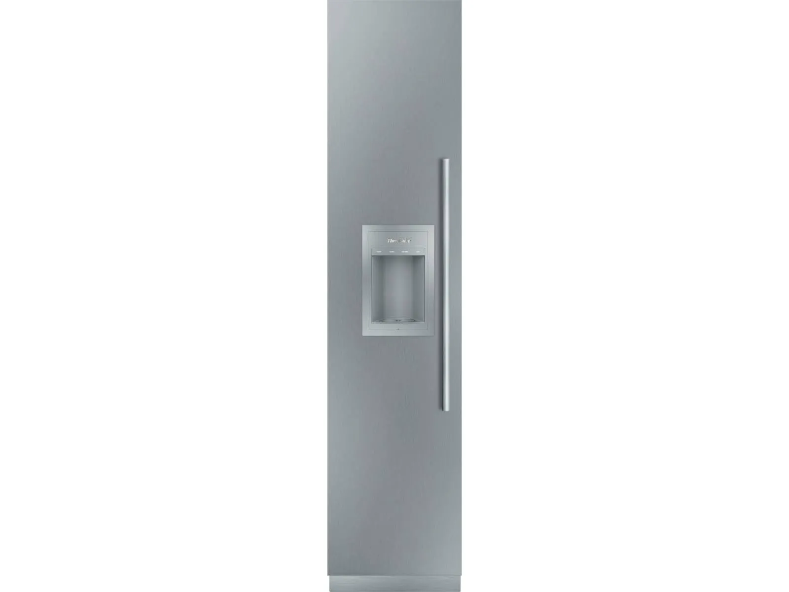 Tall stainless-steel refrigerator/freezer column with a recessed water and ice dispenser and a long vertical handle.