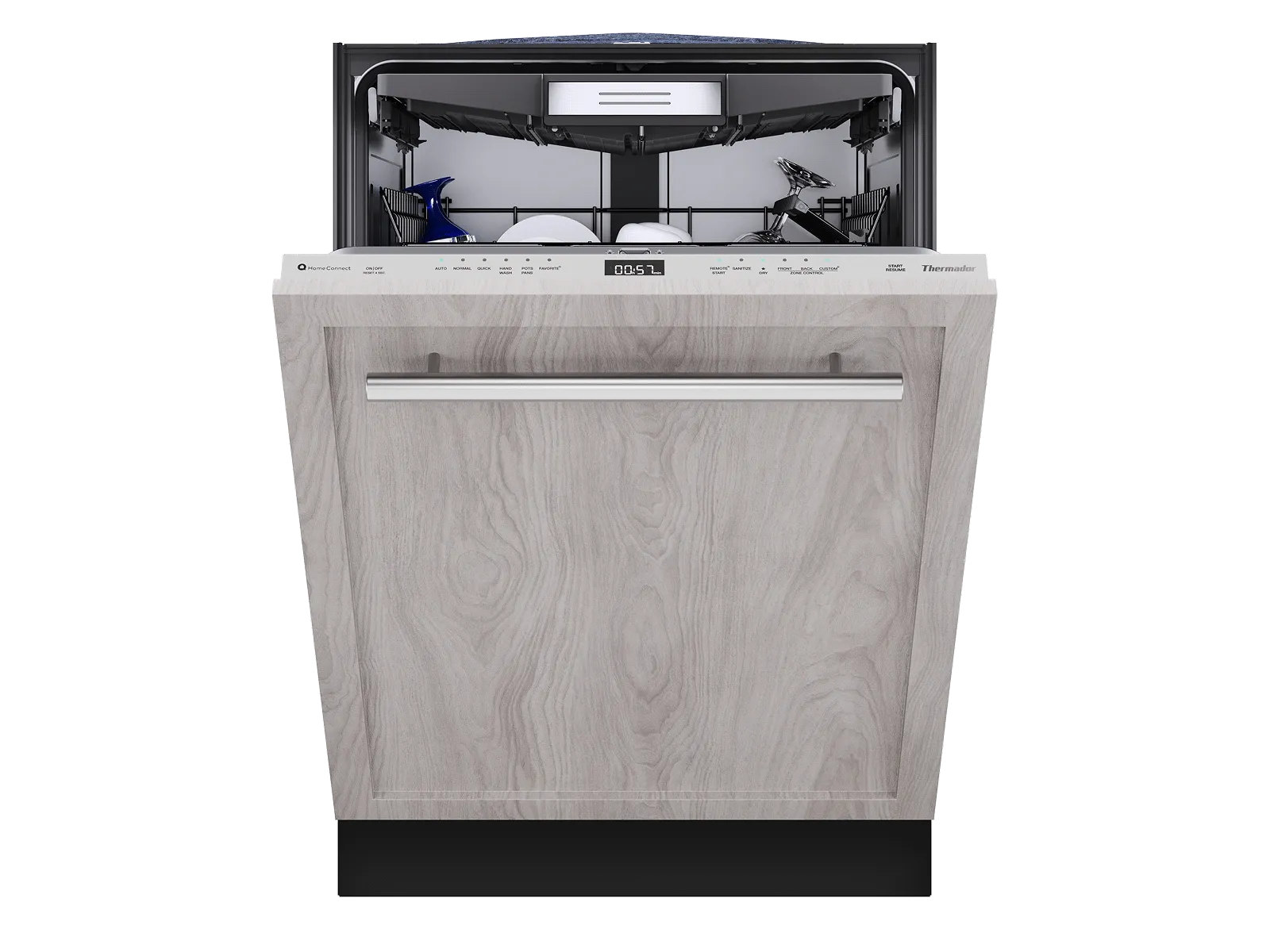 Front view of an open built-in dishwasher with a wood-textured door panel and visible interior racks.
