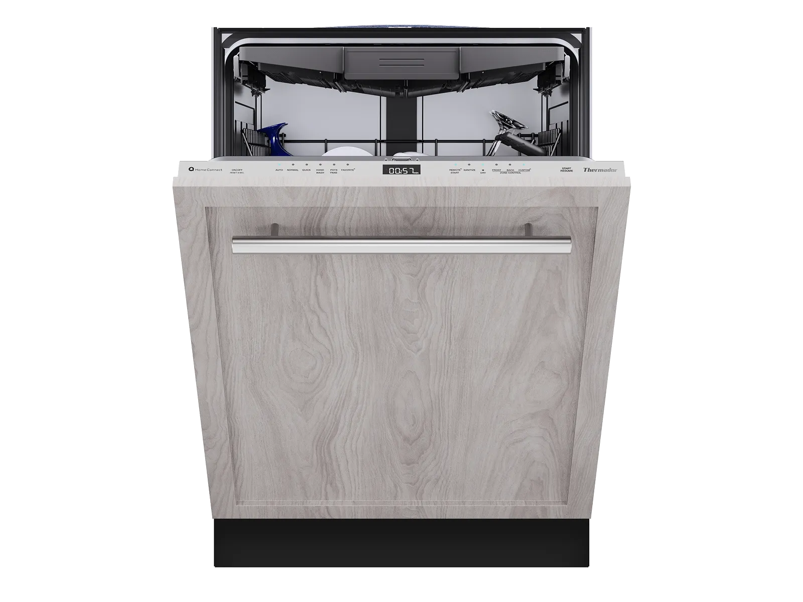 Front view of a modern built-in dishwasher with a wooden panel and open door showing the interior rack.