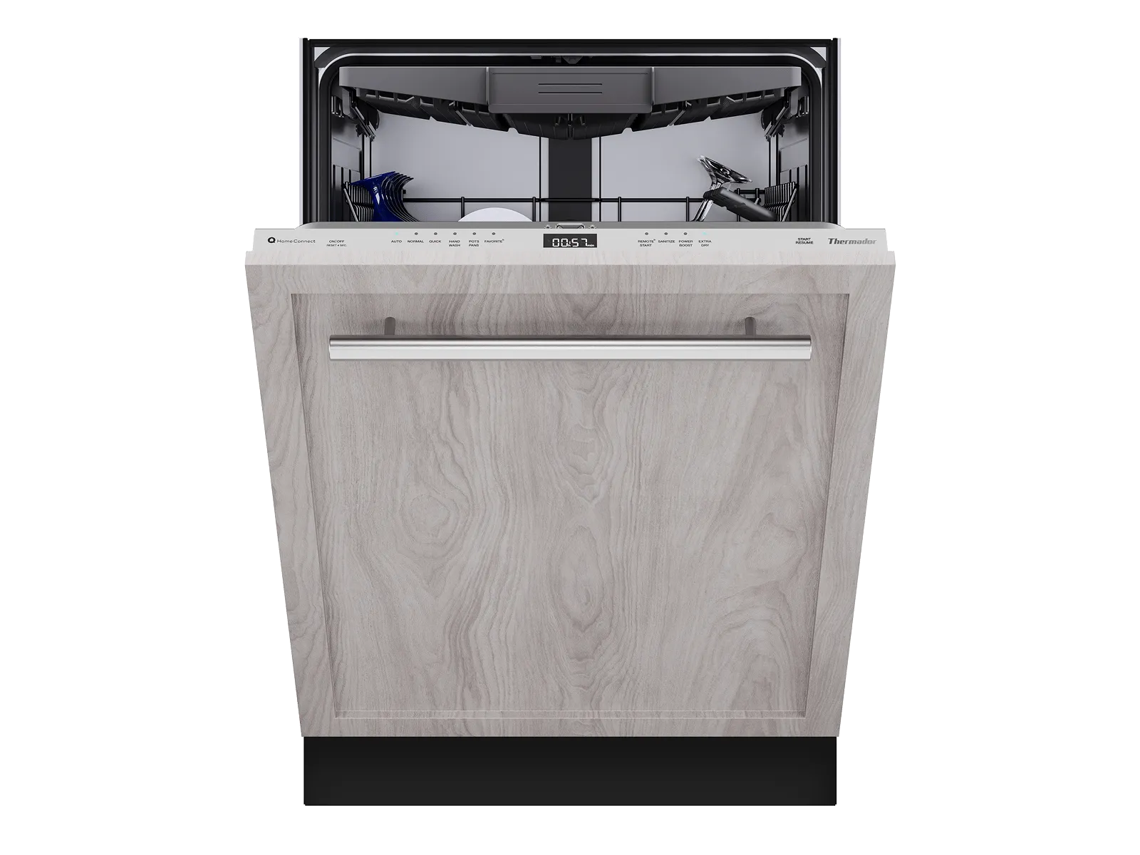 Front view of a modern dishwasher with a light wood panel and an open door revealing the interior racks.