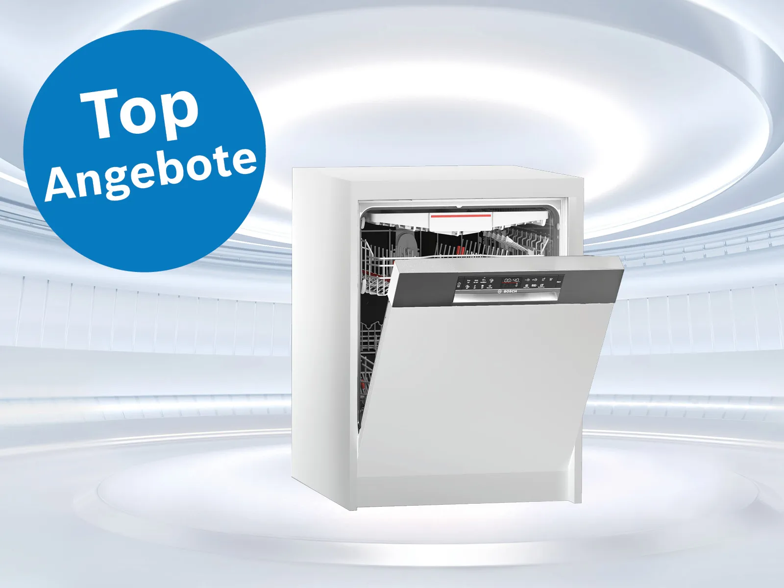 Offener weißer Geschirrspüler mit geöffneter Tür vor futuristischem Hintergrund und blauem Kreis mit weißer Aufschrift 'Top Angebote'