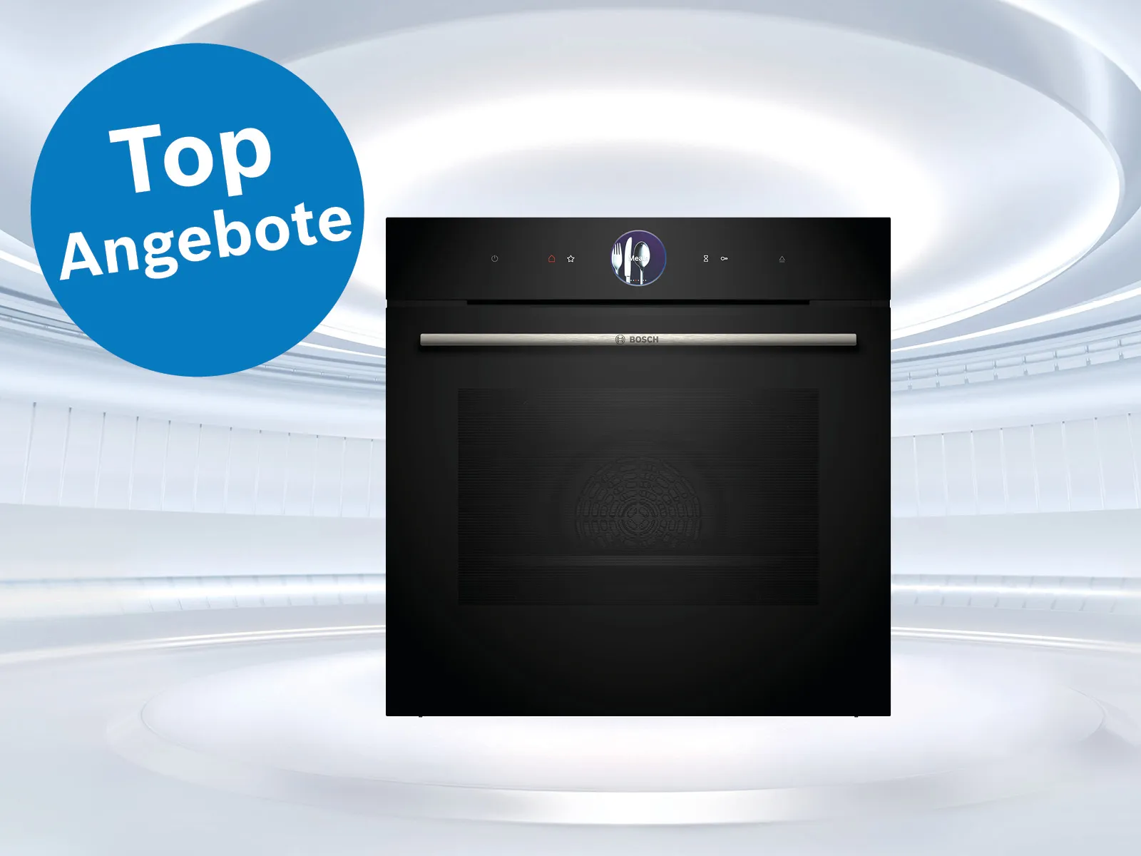 Schwarzer Bosch Einbaubackofen mit digitalem Display vor hellem, futuristischem Hintergrund und blauem Kreis mit weißer Aufschrift 'Top Angebote'