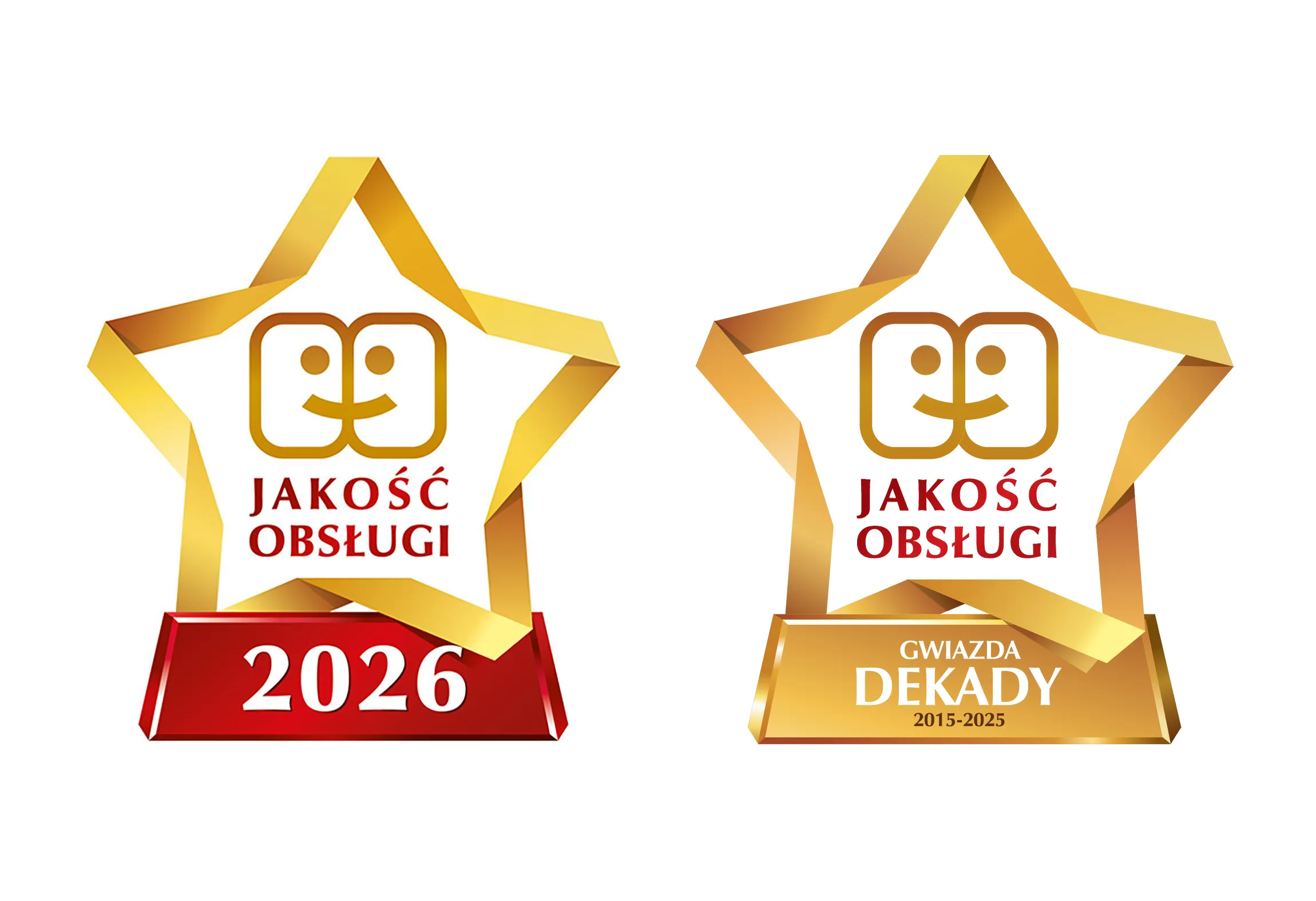 Dwa złote nagrody w kształcie gwiazdy z polskim tekstem "Jakość obslugi" (Jakość Usług) oraz lata 2026 i 2015-2025.