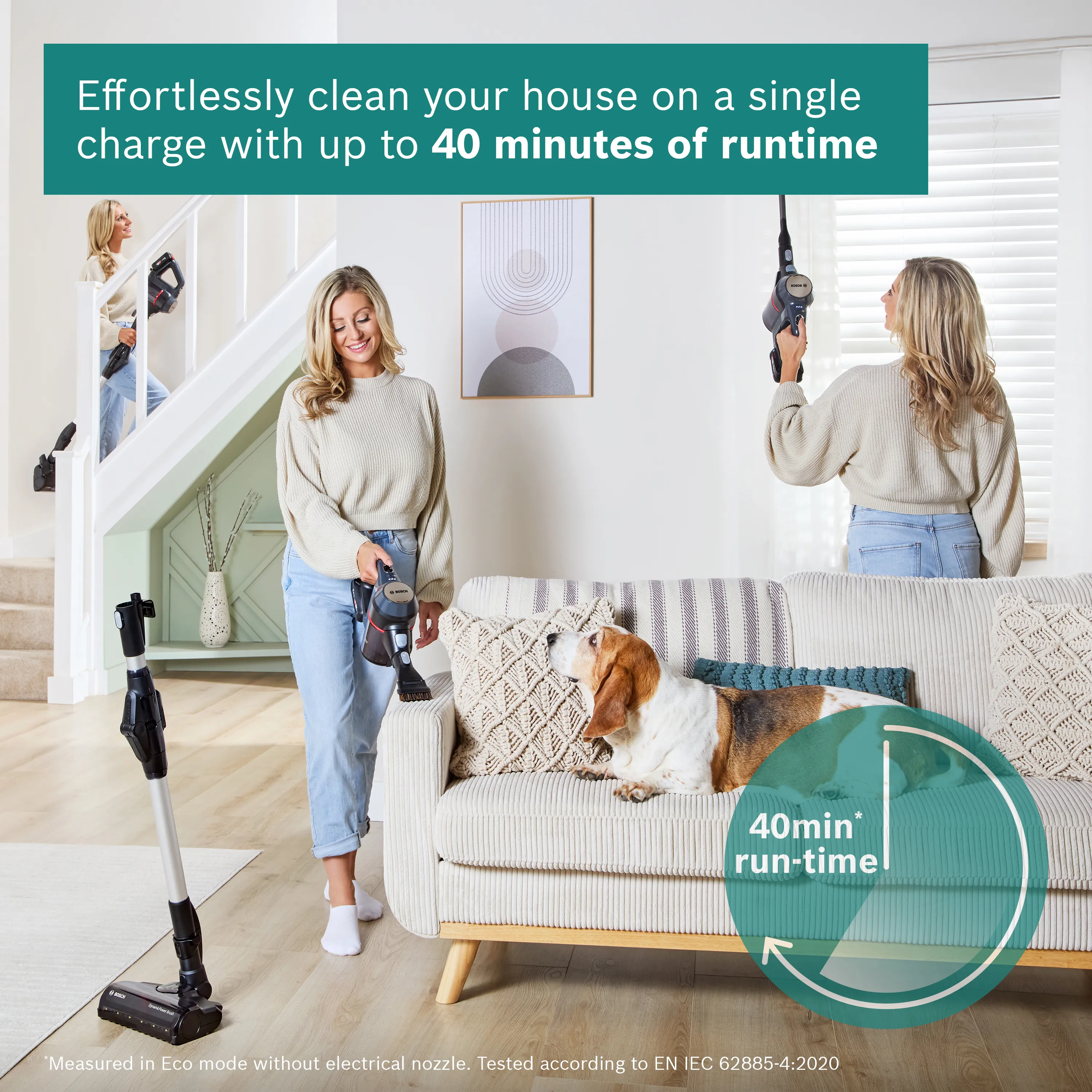 A woman uses a Bosch cordless vacuum cleaner in various ways around her home, highlighting its 40-minute runtime, with a dog on the sofa.