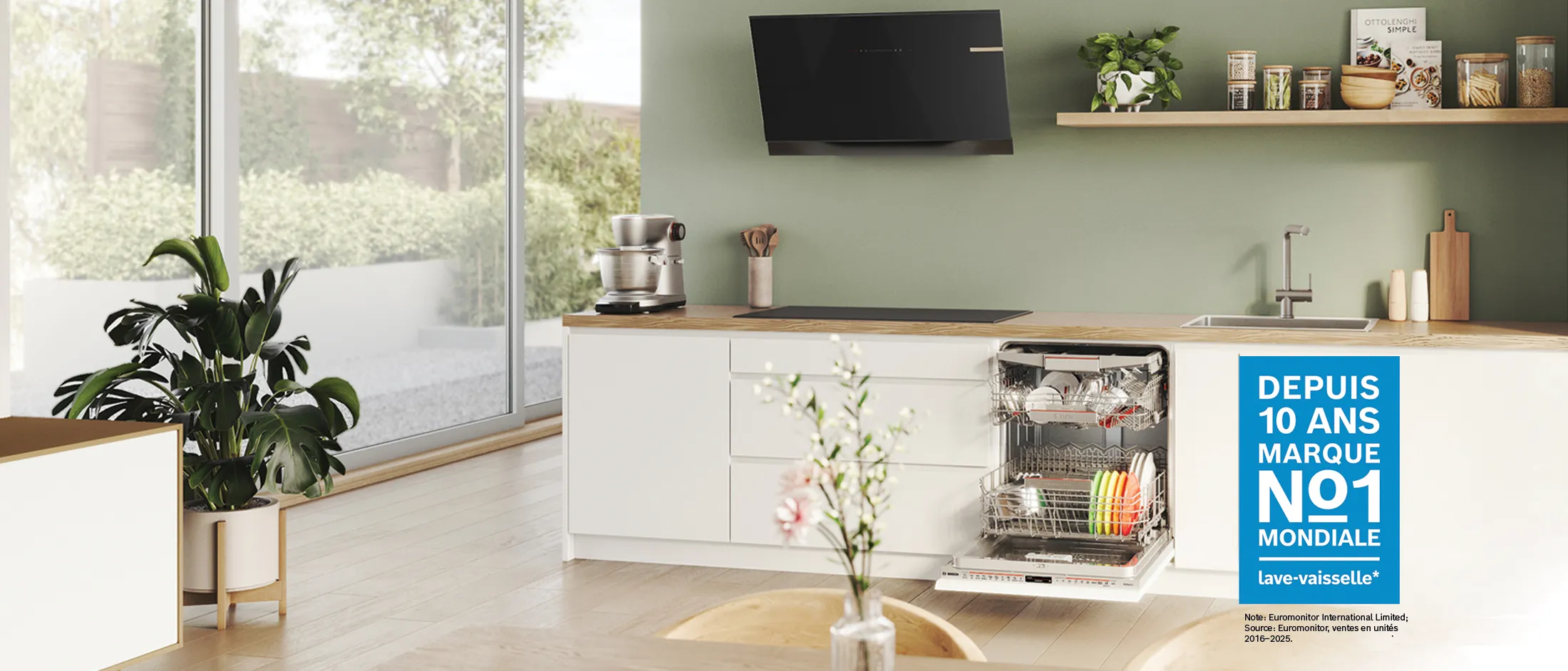 A modern kitchen with white cabinetry and a green wall, featuring built-in Bosch appliances including an open dishwasher with colorful dishes