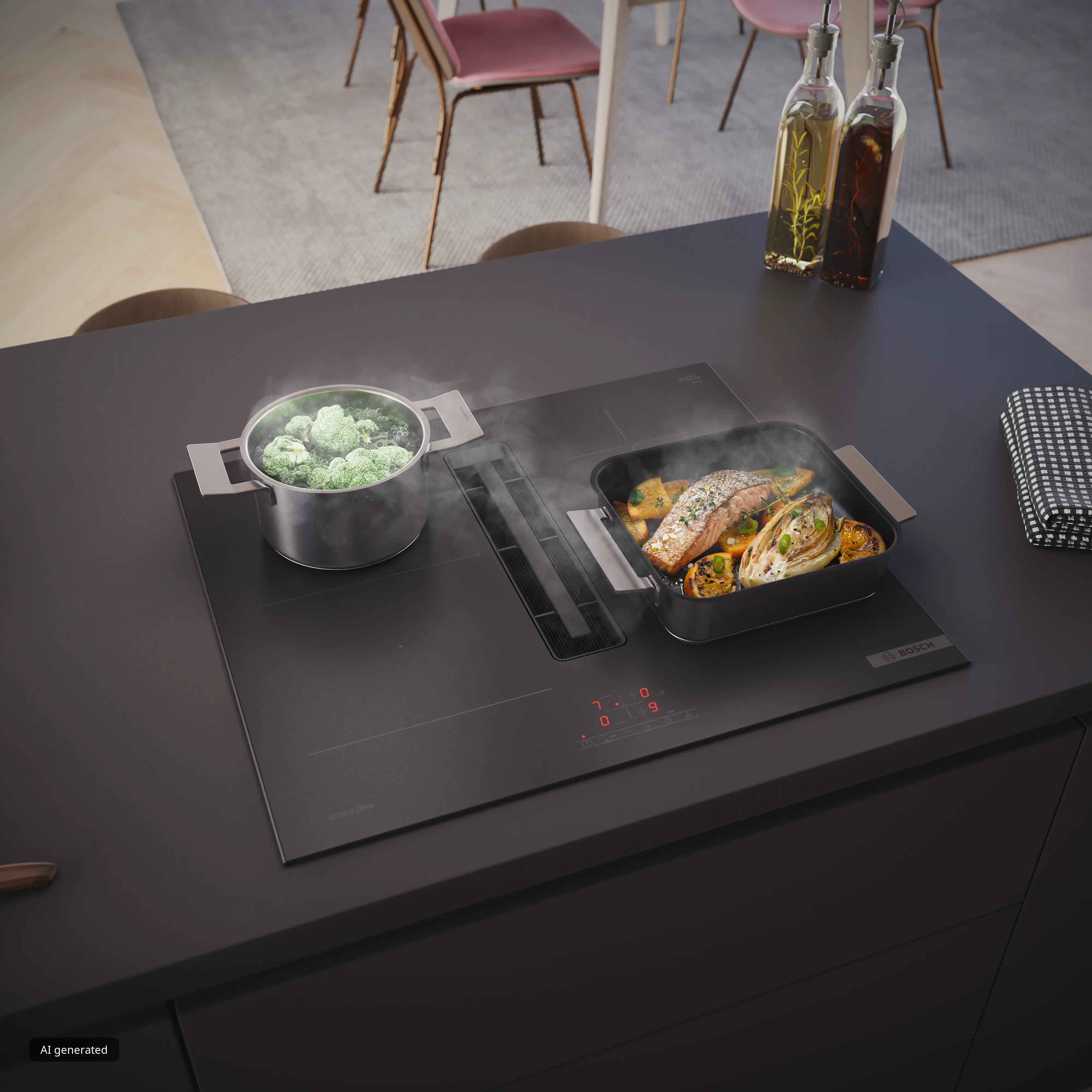 Piano cottura a induzione Bosch con cappa integrata, pentola in ebollizione e teglia con pesce e verdure in una cucina moderna.