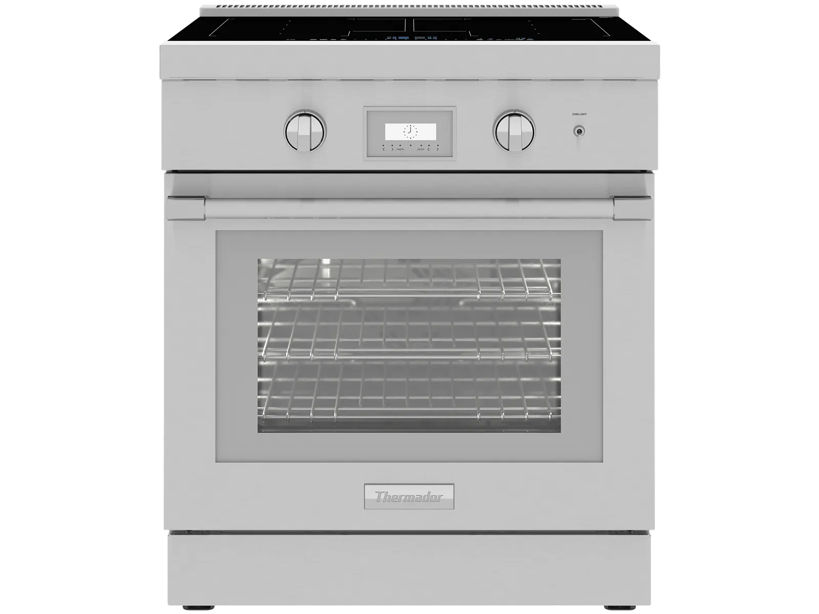 A front-facing studio shot of a Thermador Pro Harmony 30-inch stainless steel induction range on a white background. It features a smooth black glass induction cooktop and a front control panel with two knobs and a central digital display.