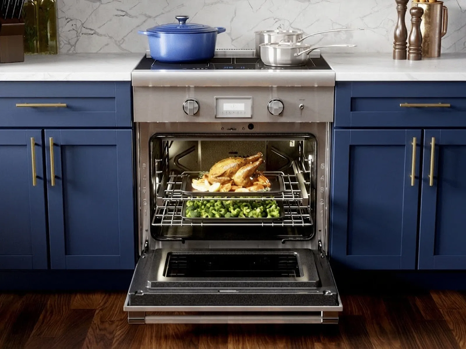 A stainless steel induction range is shown in a stylish kitchen with deep blue cabinets and a white marble countertop. The oven door is open, revealing a golden-brown roasted chicken on the top rack and a tray of bright green broccoli on the rack below. On the cooktop above, a blue Dutch oven and a saucepan are ready for cooking.