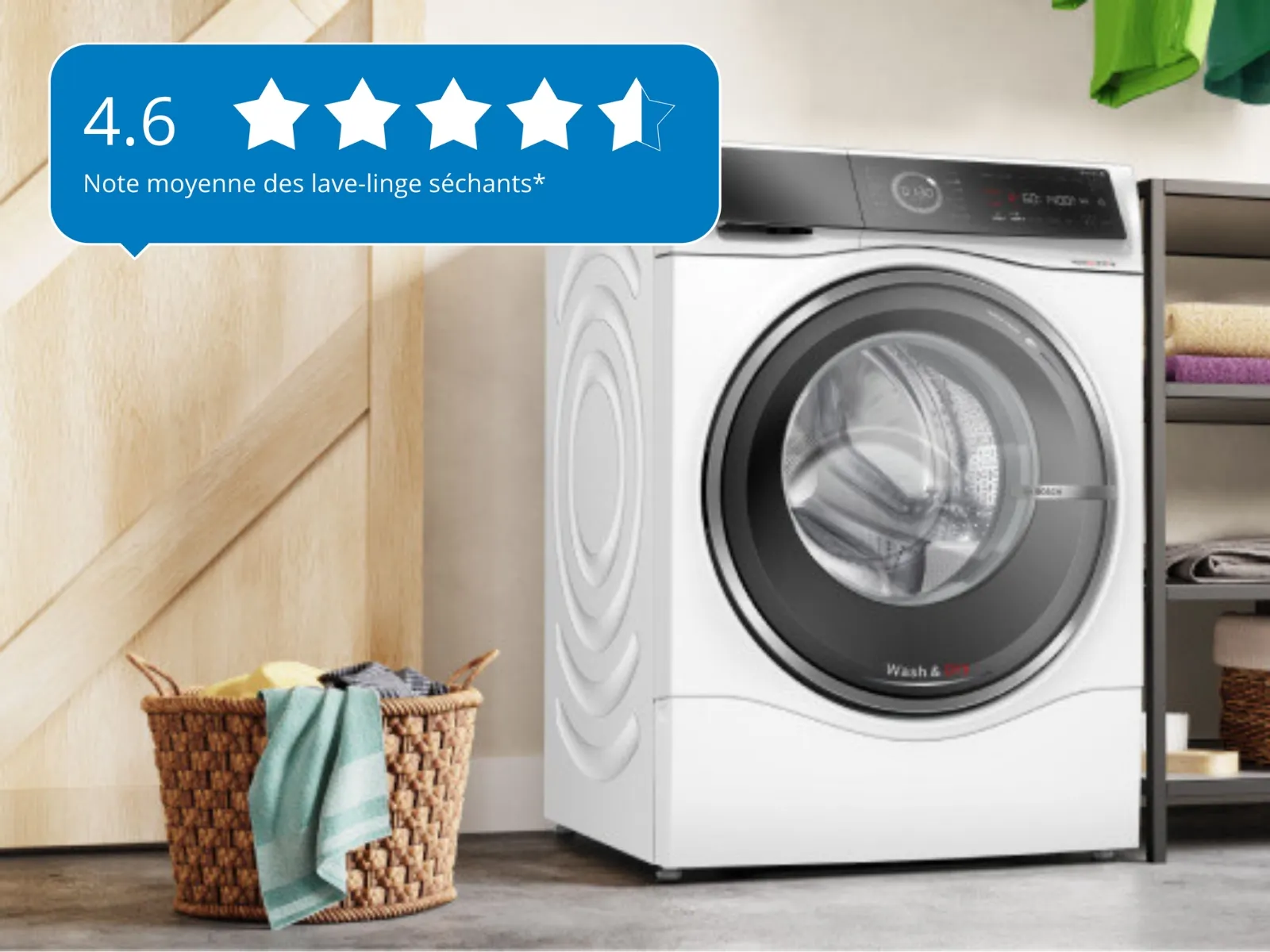 Lave-linge séchant Bosch noté 4,6 étoiles, placé dans une buanderie ordonnée.