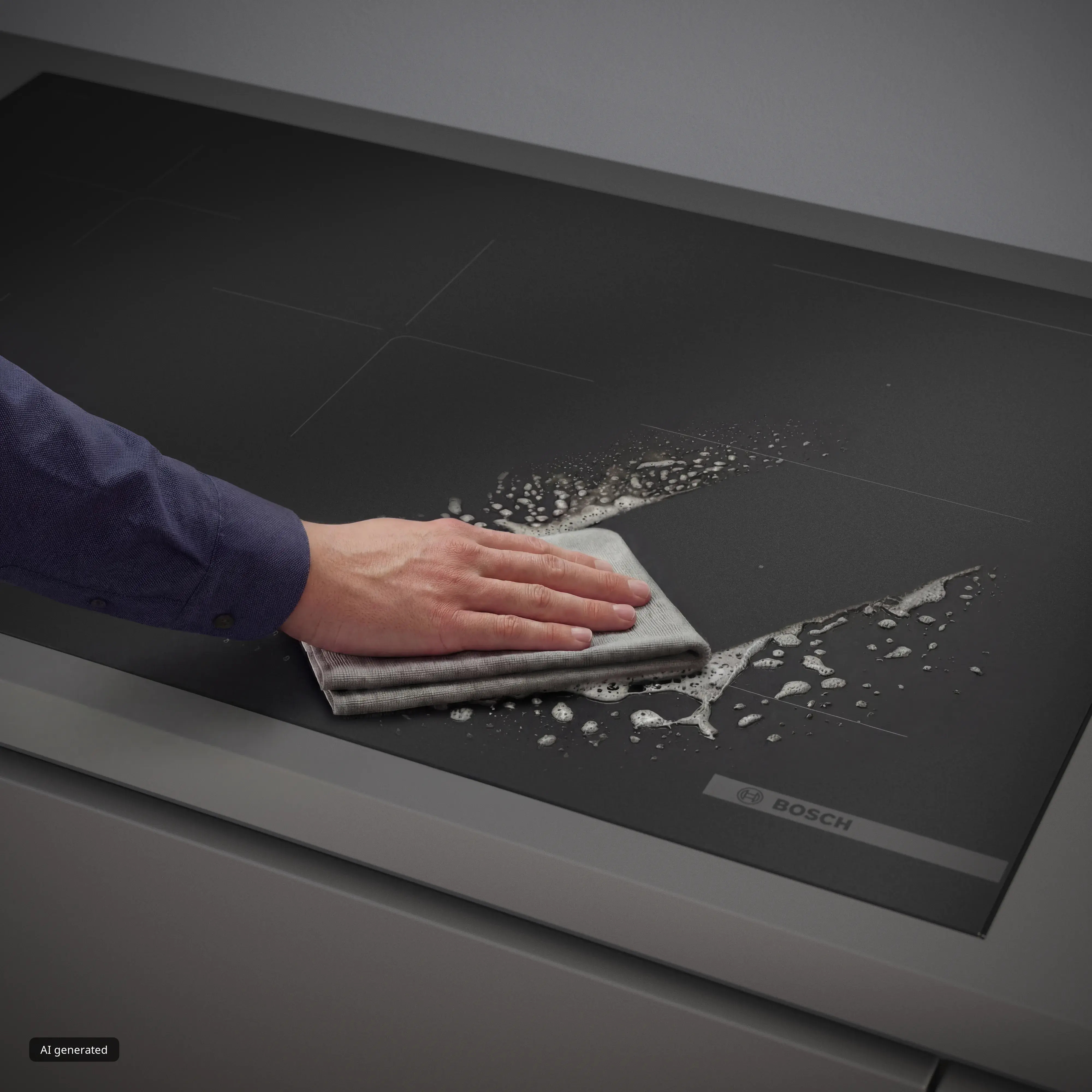 Piano cottura a induzione Bosch con superficie in vetro nero opaco, facile da pulire con un semplice panno per una manutenzione pratica e veloce.
