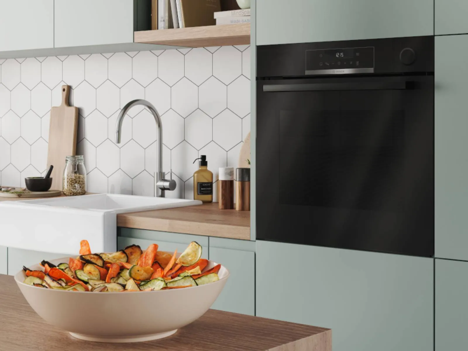 Modern kitchen featuring a sleek double oven with a digital display, surrounded by minimalistic decor and natural lighting.