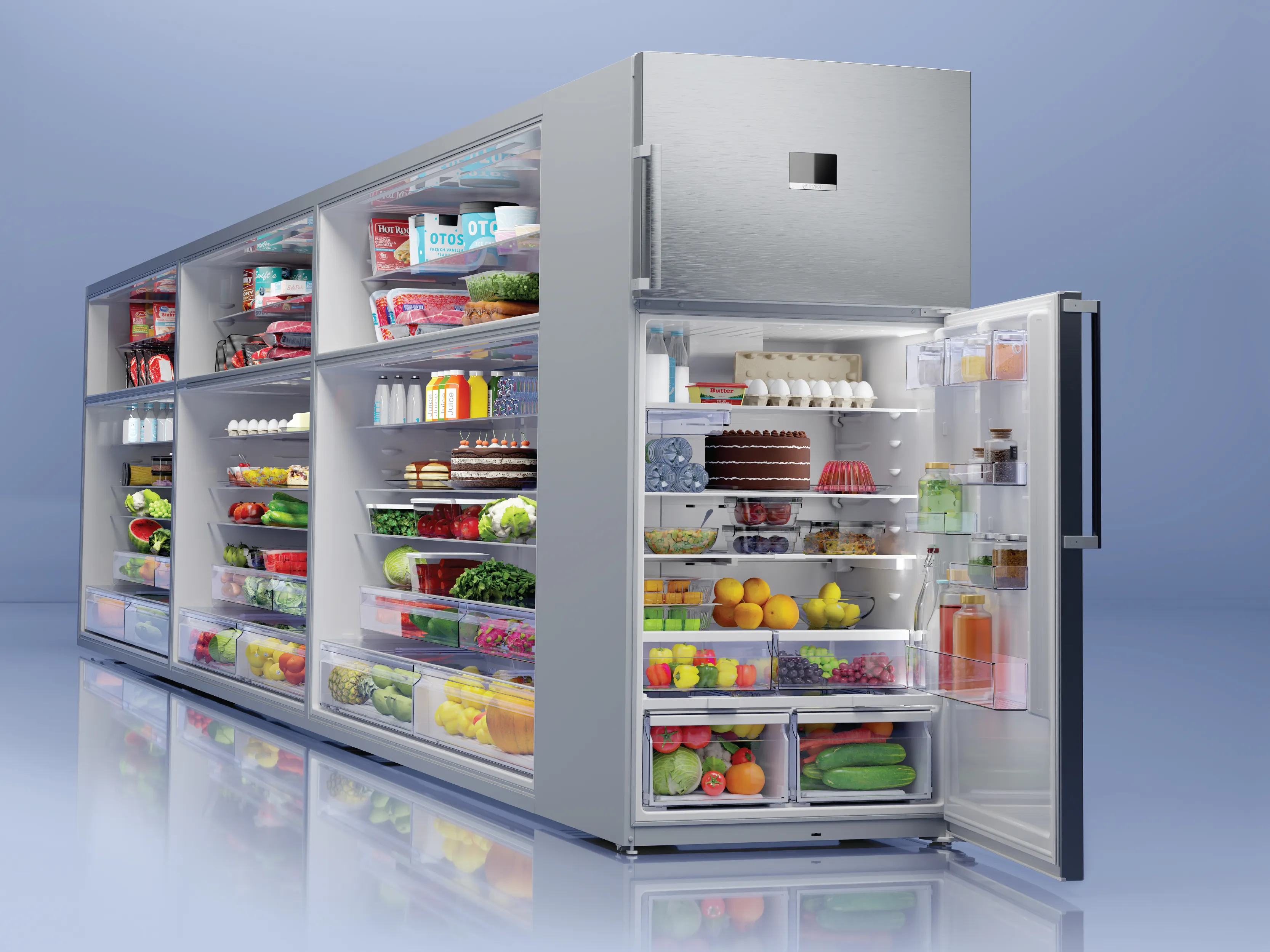 Open refrigerator with glass shelves, featuring Bosch branding, showcasing modern design and ample storage space.