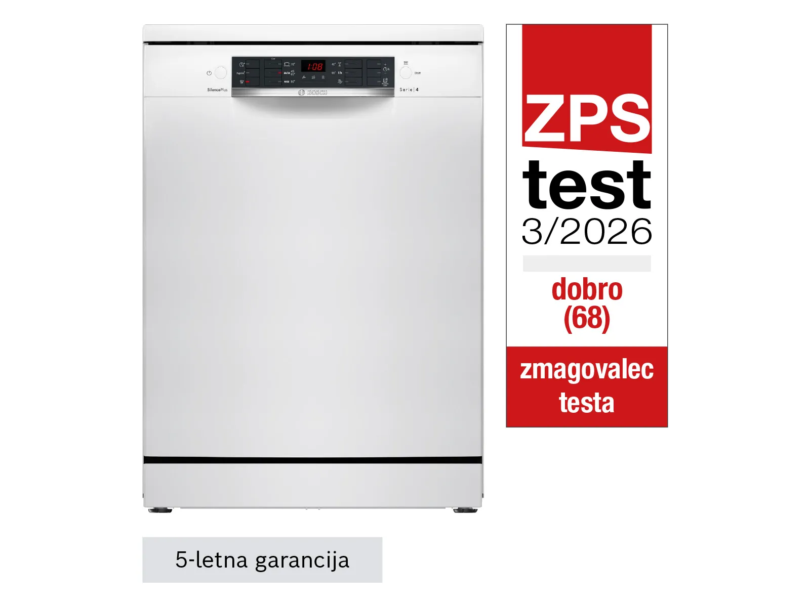 Pomivalni stroj Bosch SMS46KW02E Serie 4 Prostostoječi pomivalni stroj 60 cm Bela, zmagovalec na testu ZPS.