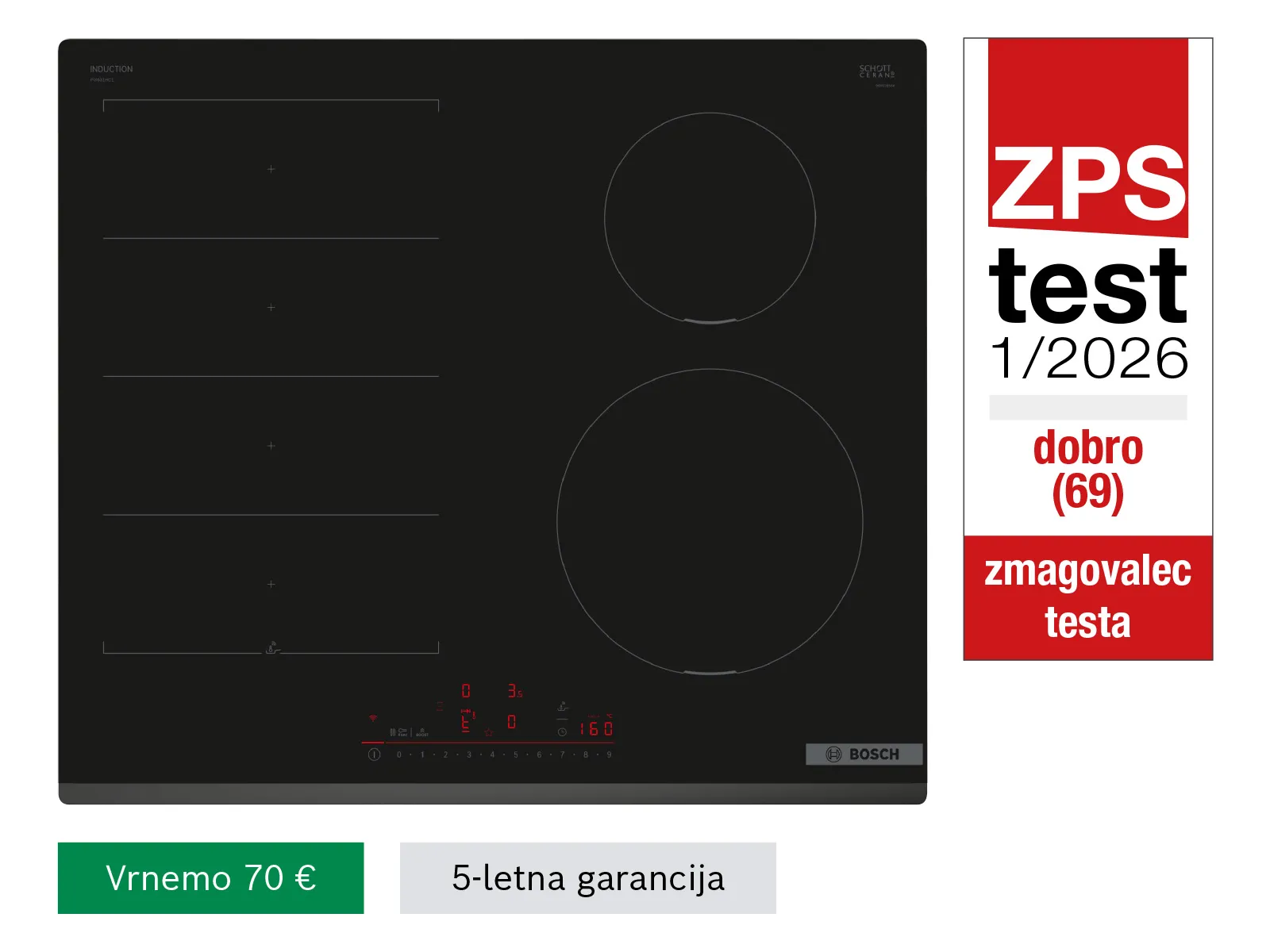 Zmagovalec na ZPS testu kuhalnih plošč PIX631HC1E Serie 6 Flex induction kuhalna plošča Bosch
