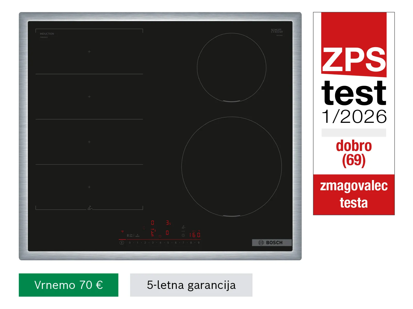 Zmagovalec na ZPS testu kuhalnih plošč PIX645HC1E Serie 6 Flex induction kuhalna plošča Bosch