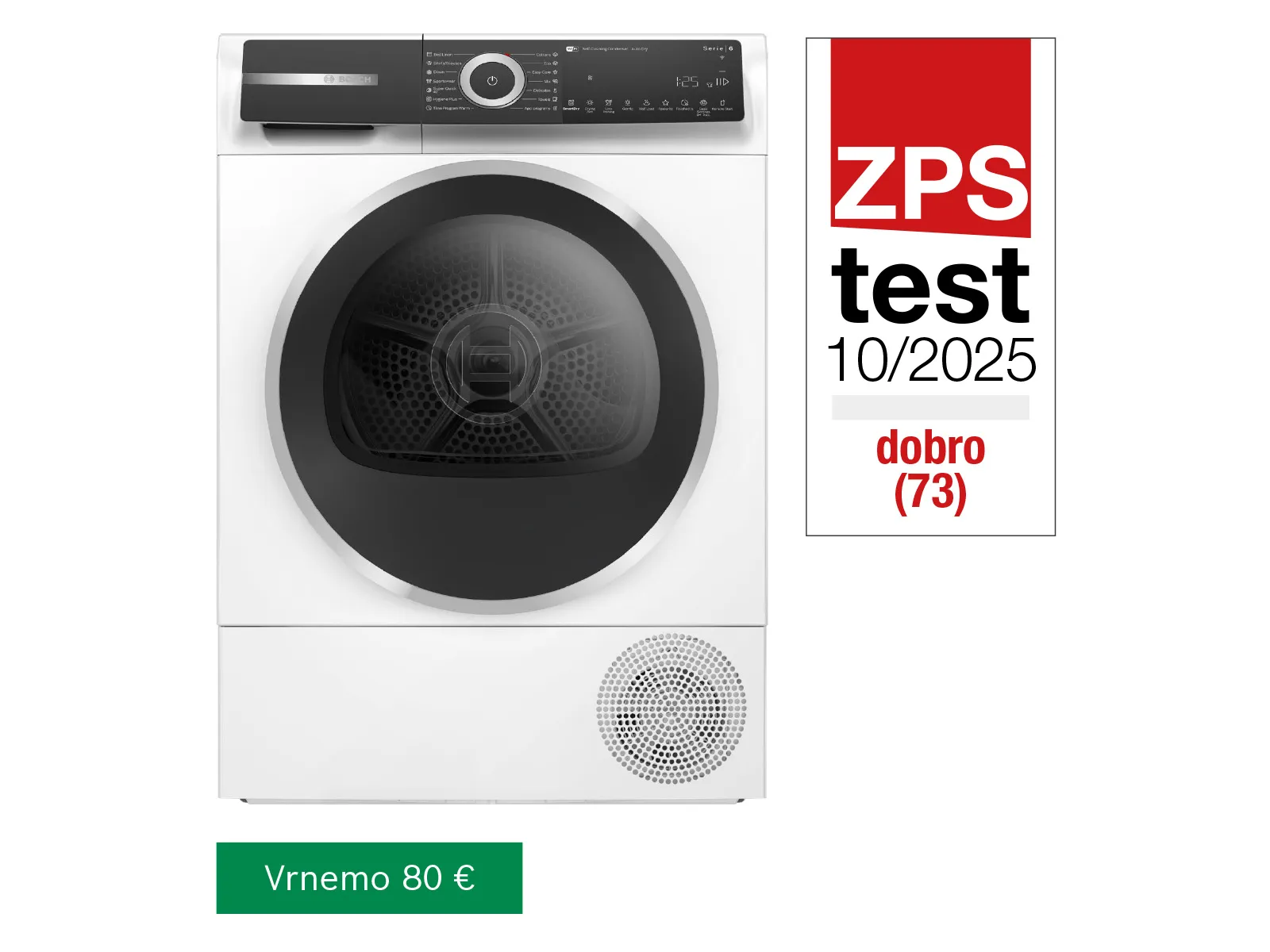 Sušilni stroj Bosch WQH245B4BY Serie 6 Sušilni stroj s toplotno črpalko, ki je imel dober rezultat na testu ZPS.