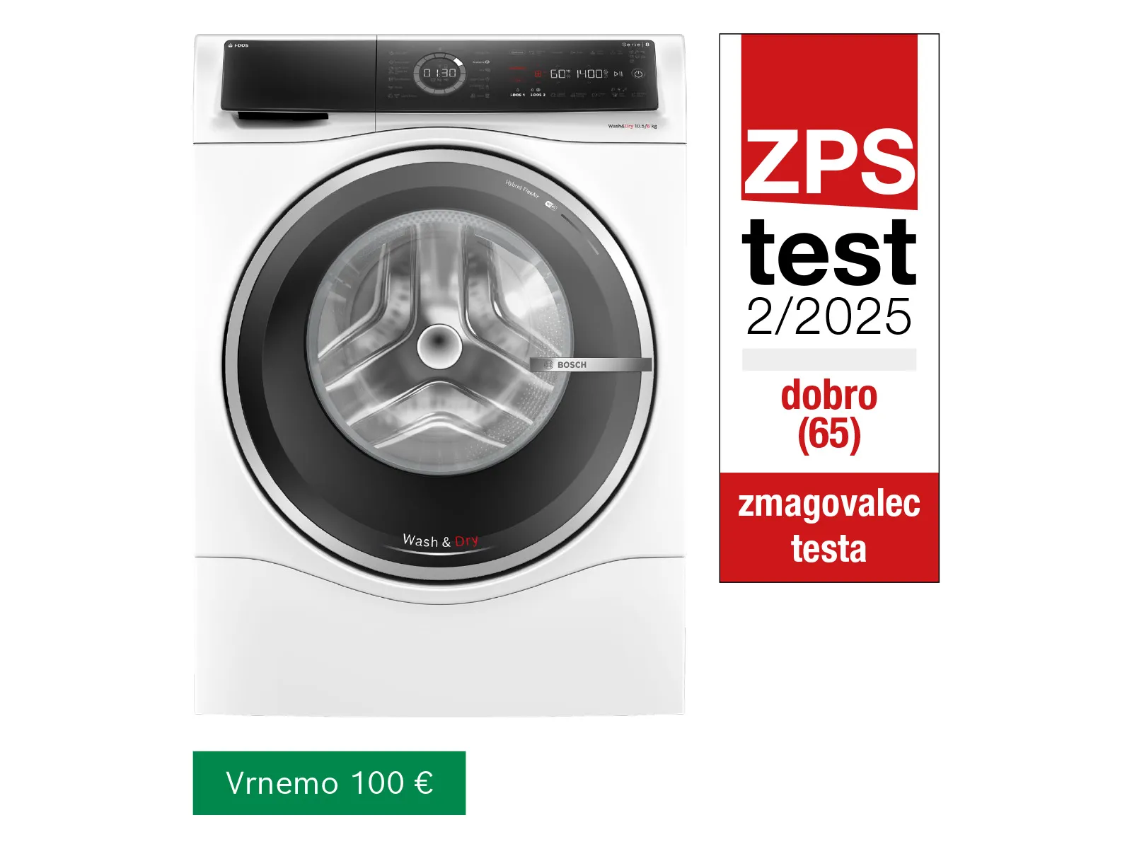 Zmagovalec na ZPS testu pralno-sušilni stroj Bosch WNC254A0BY Serie 8
