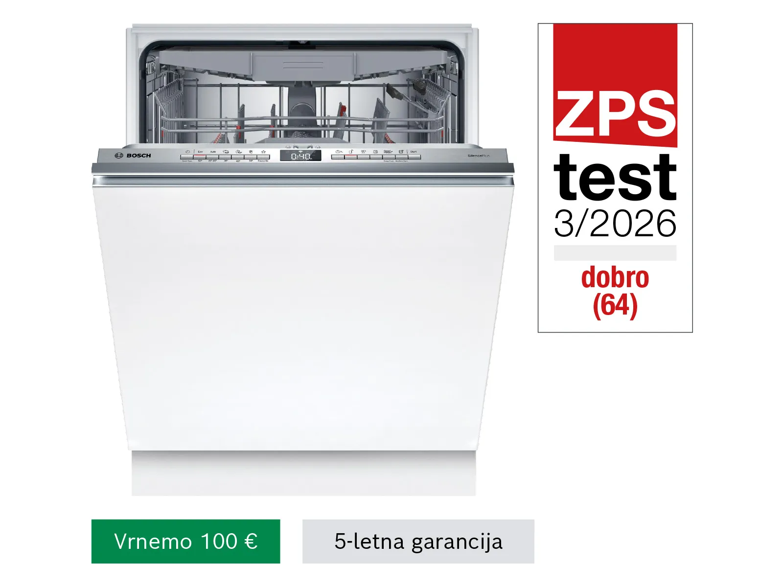 Pomivalni stroj Bosch SMV4ECX27E Serie 4 Popolnoma vgradni pomivalni stroj 60 cm z dobrim rezultatom na ZPS testu