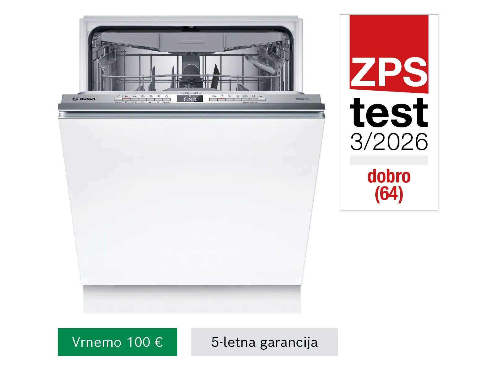 Pomivalni stroj Bosch SMV4ECX28E Serie 4 Popolnoma vgradni pomivalni stroj 60 cm, ki je imel dober rezultat na testu ZPS.