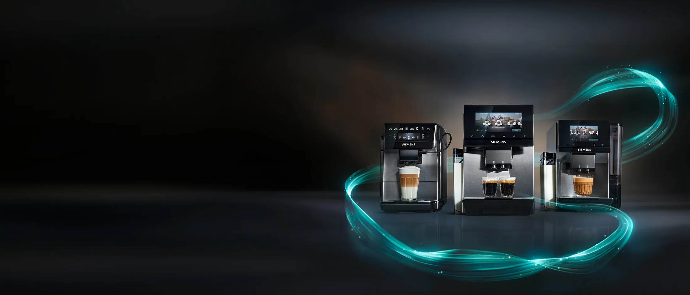 Three Siemens automatic coffee machines brewing coffee specialities on a dark background,ramed by a petrol-coloured string of lights.