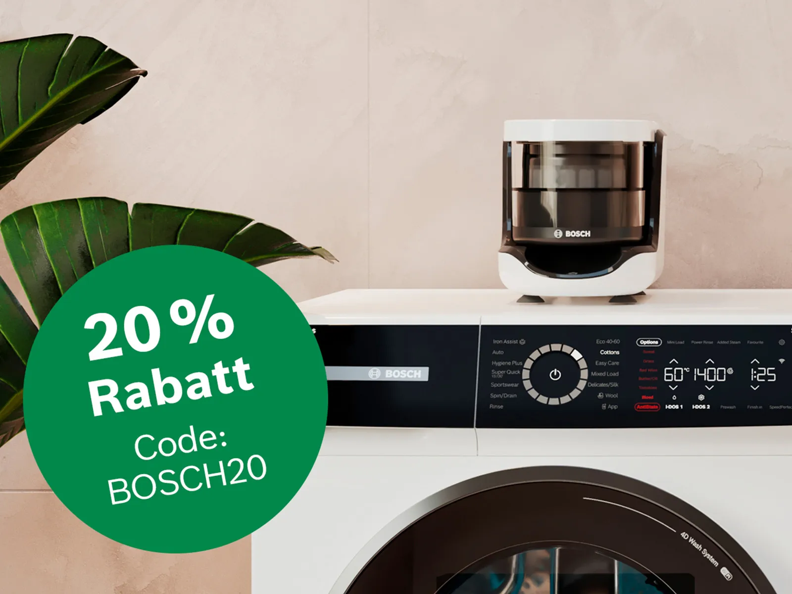 Bosch Waschmaschine mit externen Bosch Mikroplastikfilter und Hinweis, dass es Rabatt beim Kauf des Filters im Bosch Online Shop gibt.