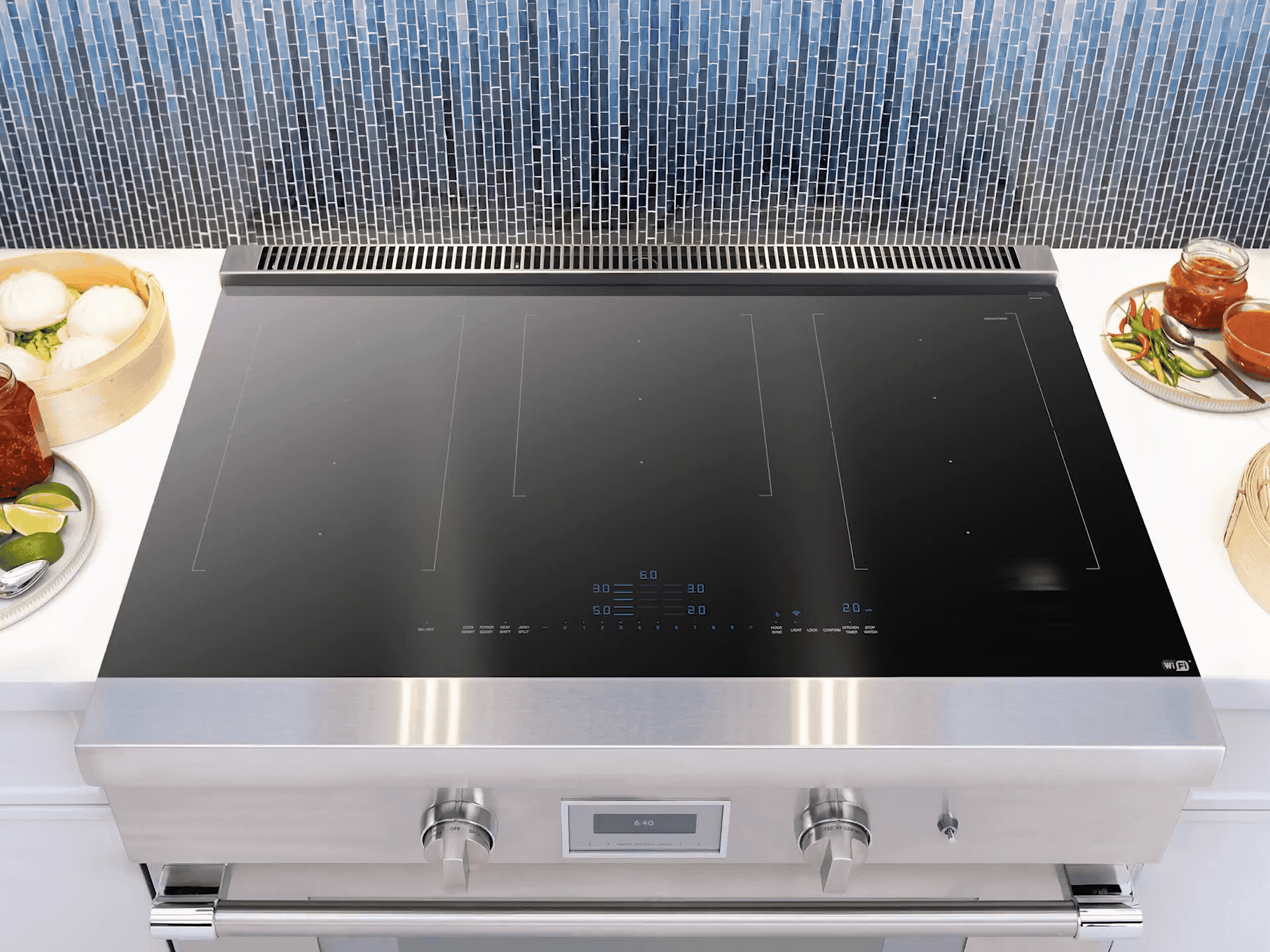 A montage shows a variety of dishes, including shrimp noodles, beef with vegetables, and a pot of sauce, being cooked simultaneously on a large induction cooktop.