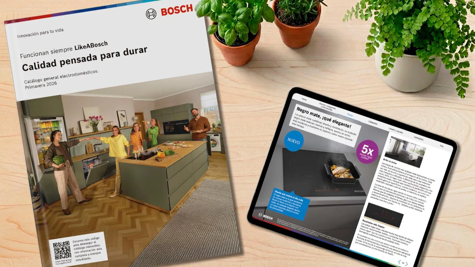 Catálogo Bosch, tabletas con información técnica, electrodomésticos de cocina, hombre trabajando en cocina.