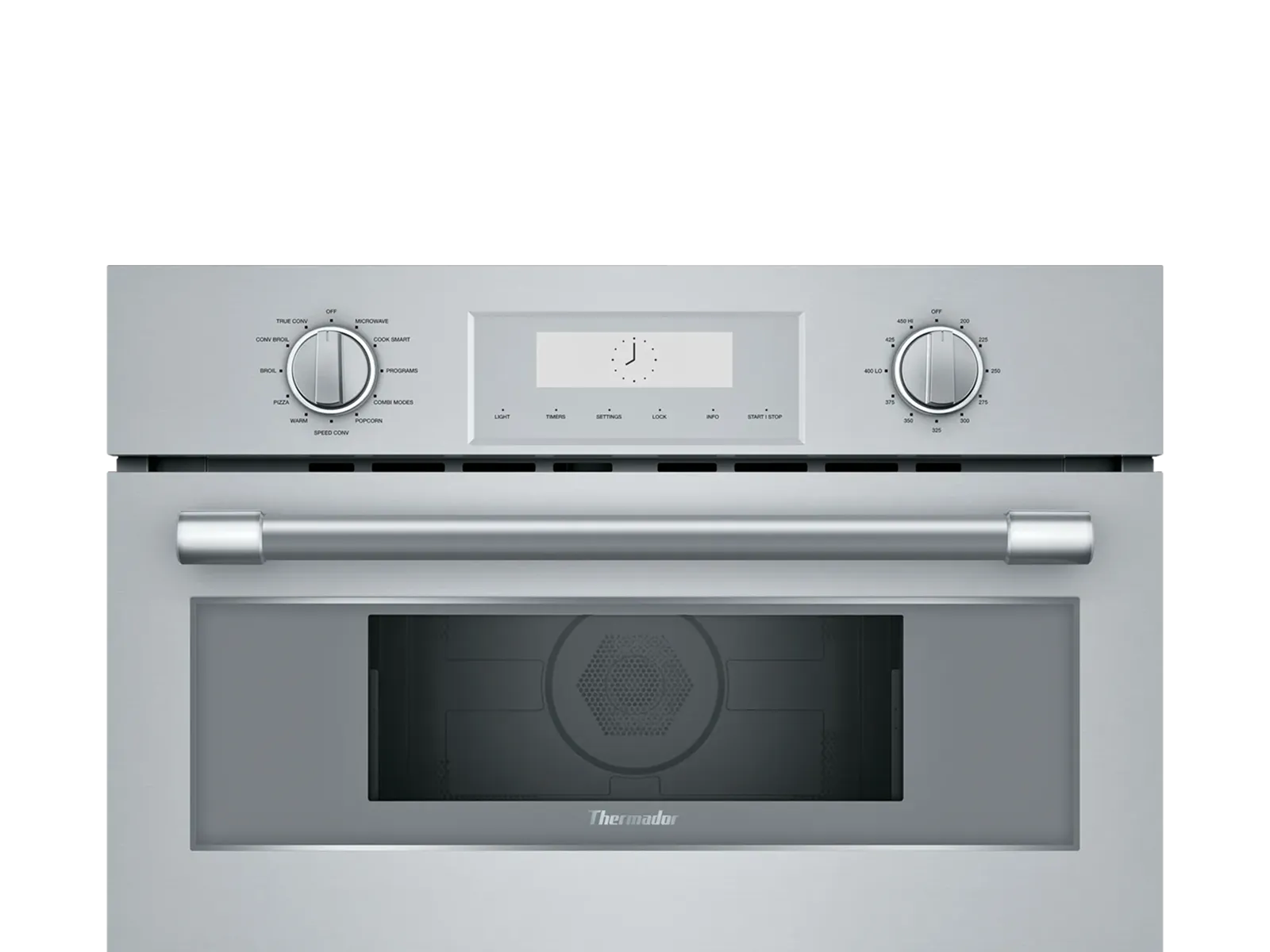 Front view of a built-in stainless steel microwave oven with control knobs and digital display panel.