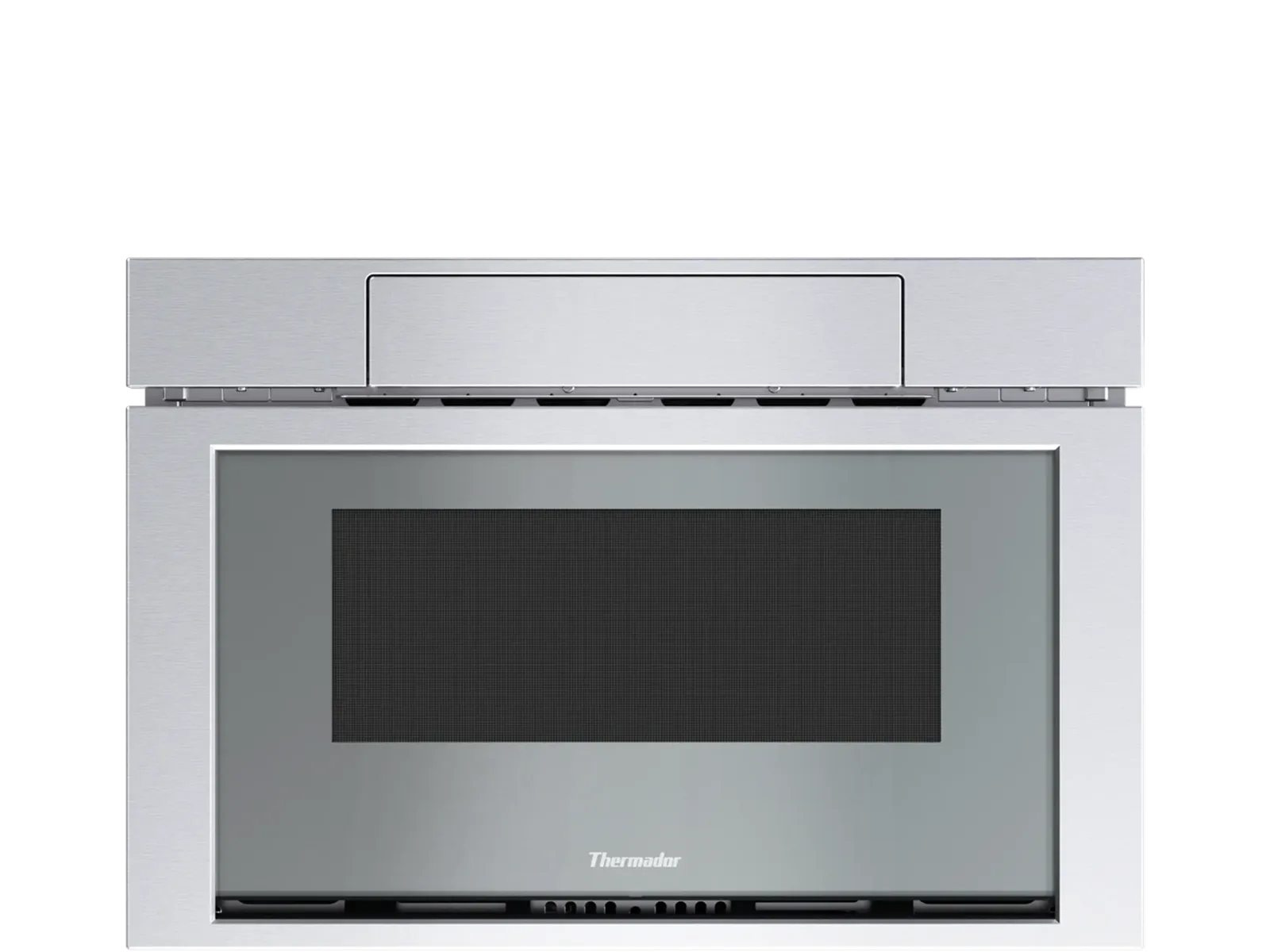 Built-in stainless-steel microwave oven with a black glass door, rectangular viewing window and a digital control panel on the right.