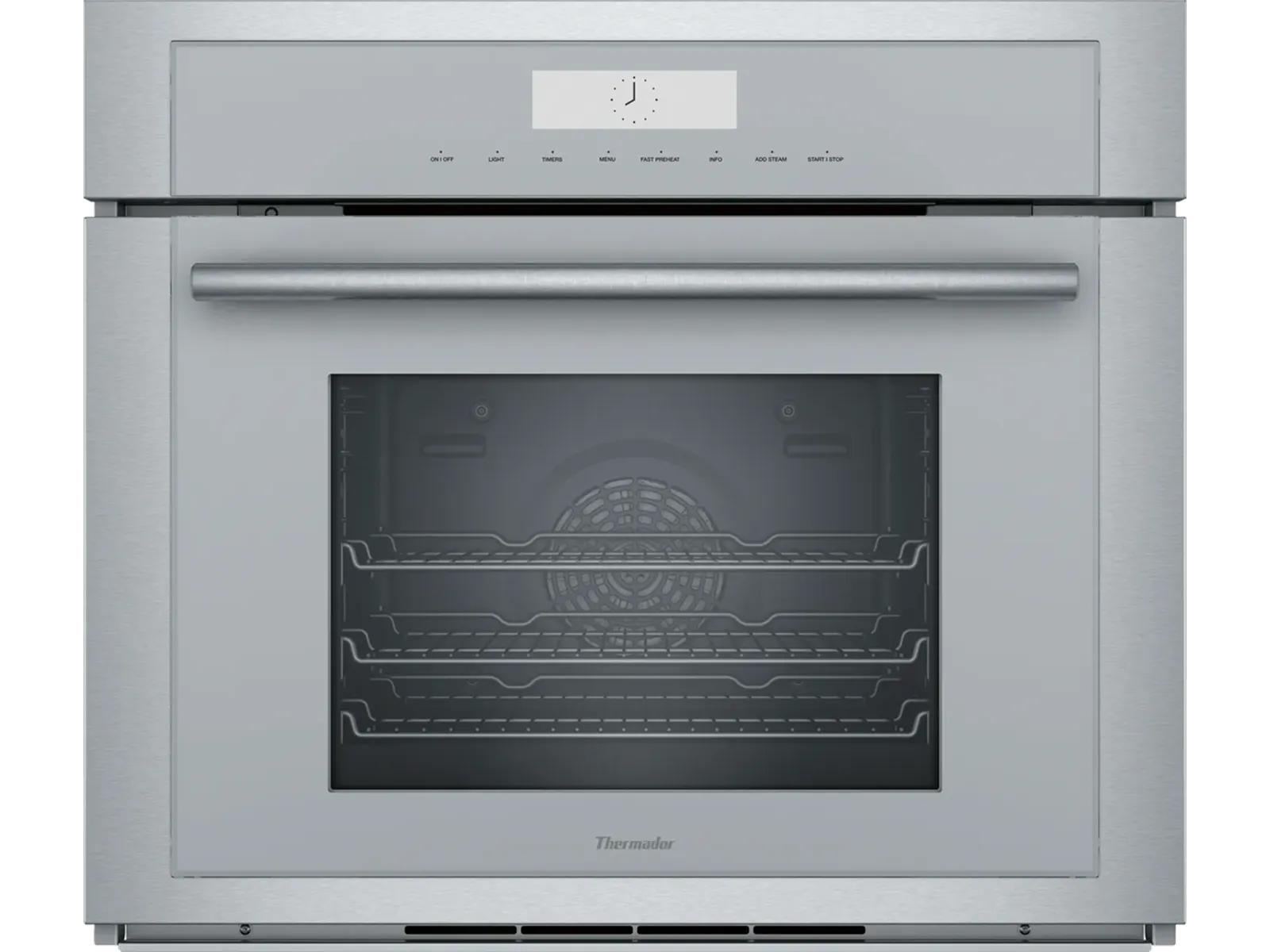 Front view of a stainless steel built-in oven with digital display and three wire racks inside.