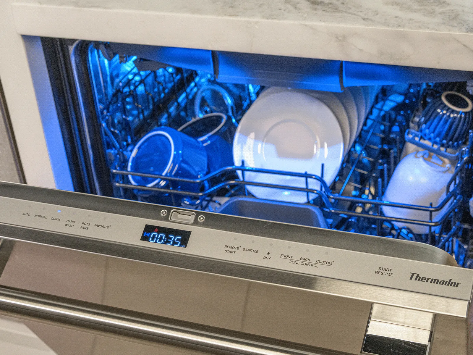 Thermador high end dishwashers woman holding phone near dishwasher
