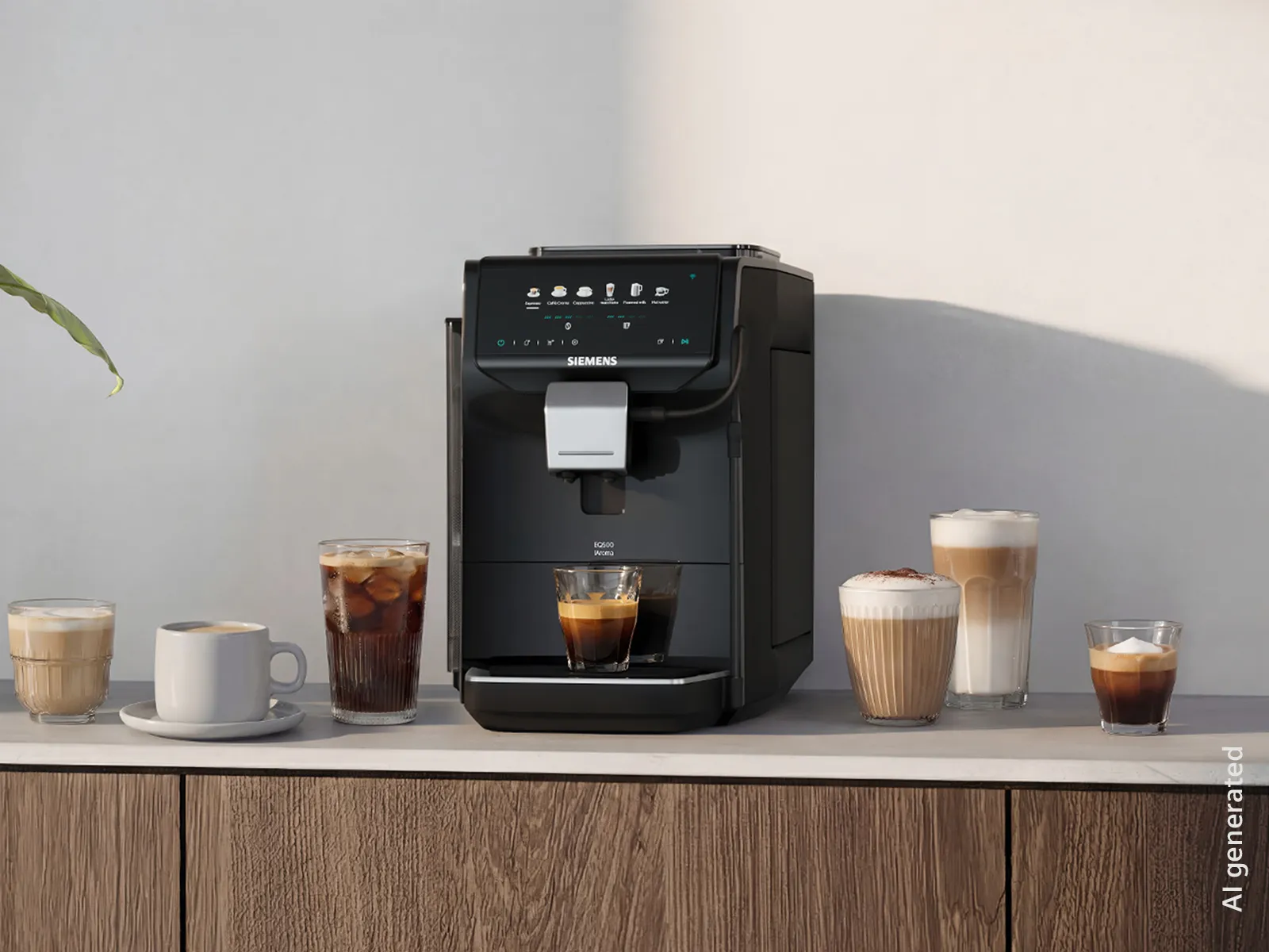 The Siemens EQ500 iAroma fully automatic espresso machine on a kitchen counter surrounded by various coffee specialities.