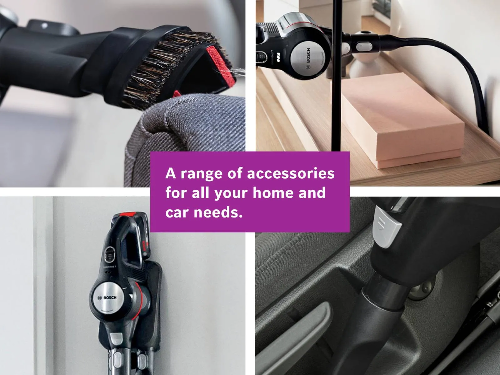 A collage of four images showcasing Bosch vacuum cleaner accessories for home and car, including a brush, a flexible hose, the main unit mounted, and a crevice tool in a car interior.