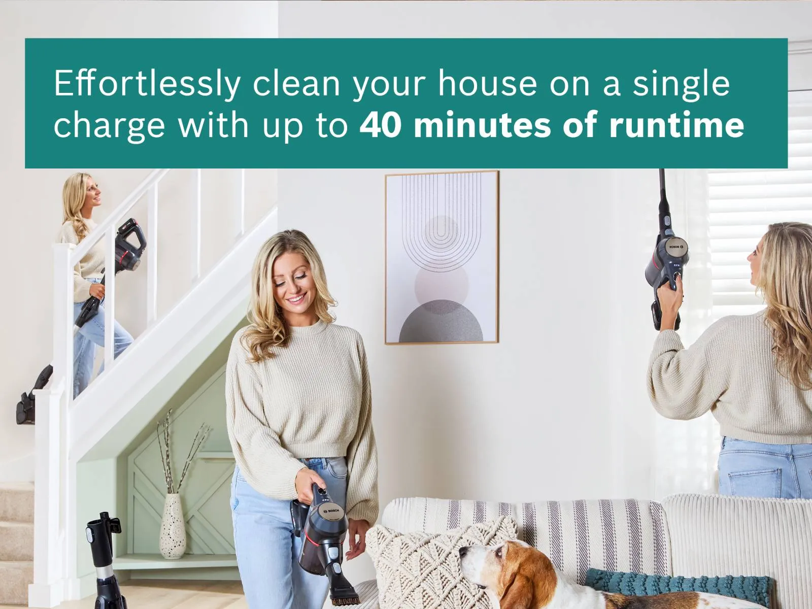 A woman uses a Bosch cordless vacuum cleaner in various ways around her home, highlighting its 40-minute runtime, with a dog on the sofa.