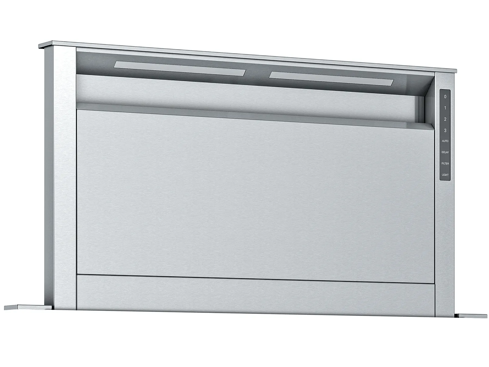 Stainless steel built-in kitchen range hood with touch control panel and two LED lights, designed to retract seamlessly.