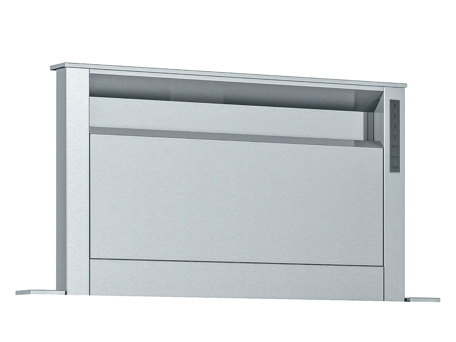 Stainless steel retractable kitchen range hood with control panel on the right side and sleek modern design.