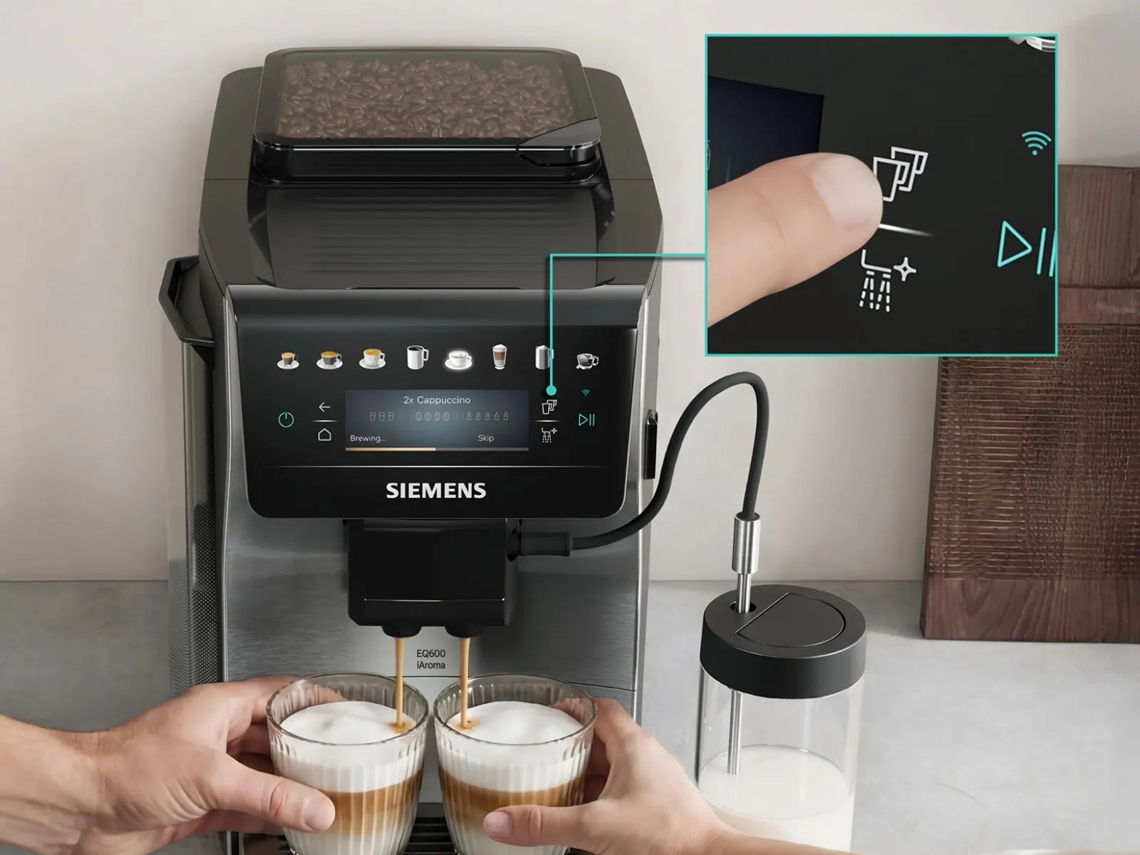 Two hands place two coffee cups under the EQ600 iAroma, showing the OneTouch doubleCup feature.