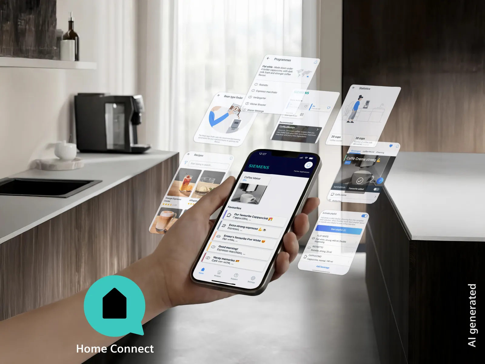 Person controlling a Siemens coffee machine remotely via the Siemens Home Appliances App on a smartphone.