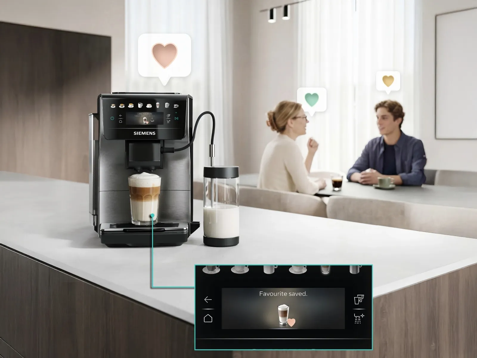 The Siemens EQ600 iAroma stands on a kitchen counter. The Favourites feature is highlighted.