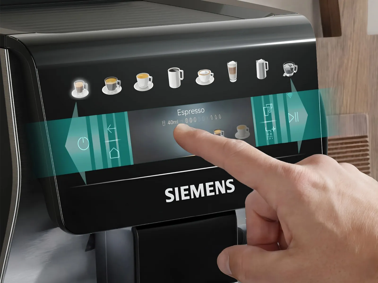 A hand swipes and taps on the Siemens EQ600 iAroma display.