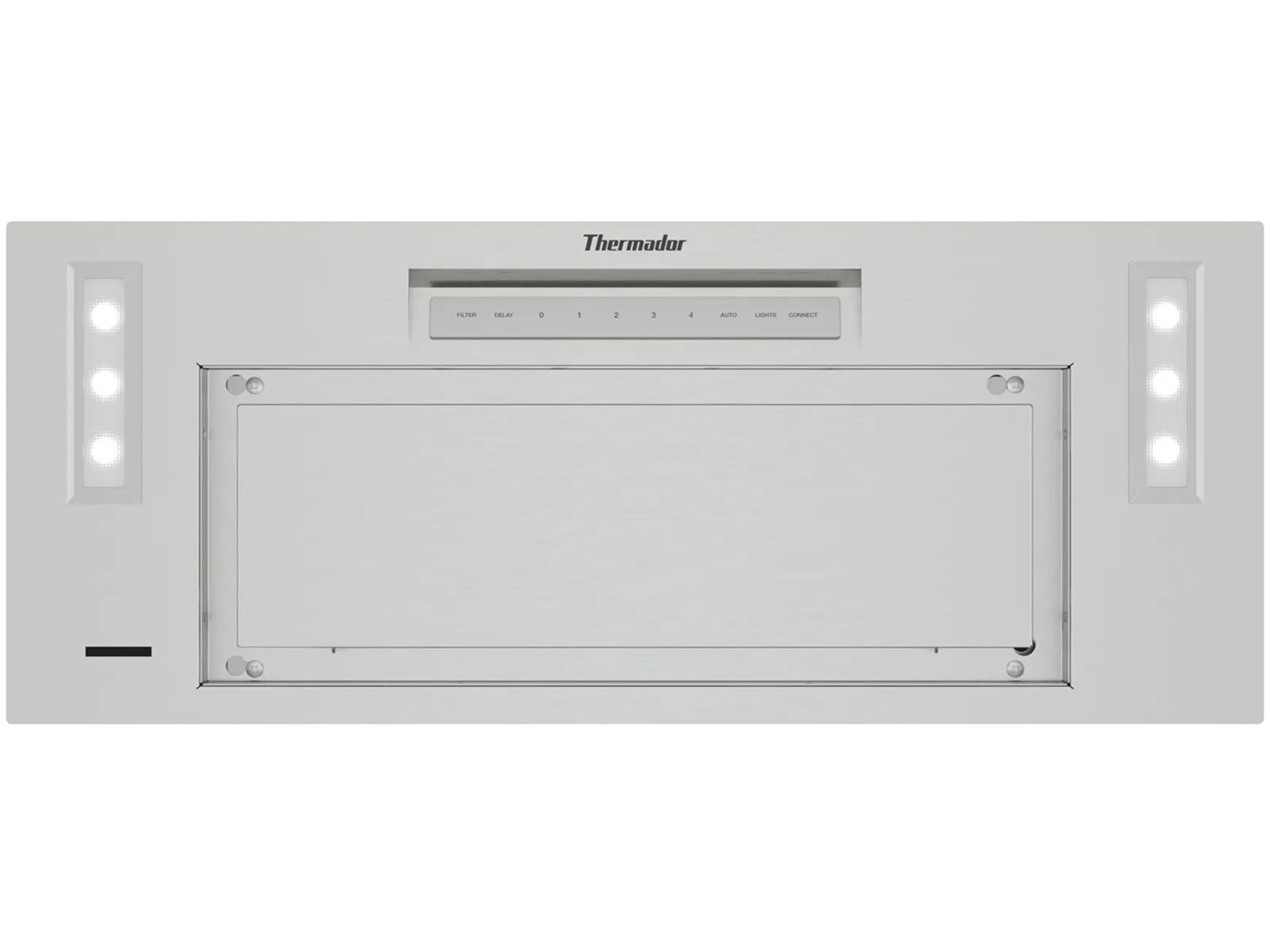 Top view of a stainless steel Thermador under-cabinet range hood with LED lights and control panel.