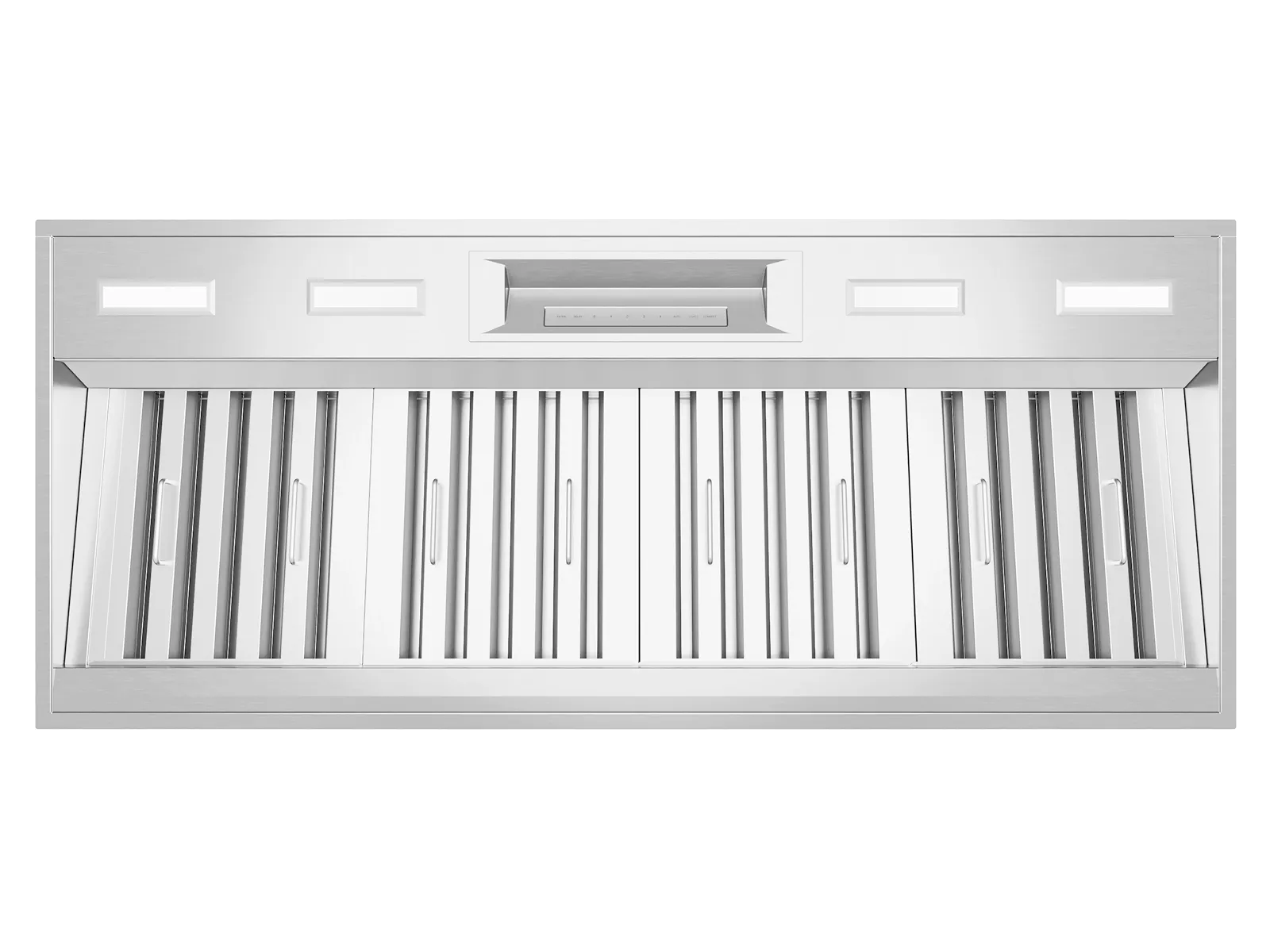 Stainless steel kitchen range hood with adjustable vents and control panel, designed for efficient smoke and odor extraction.