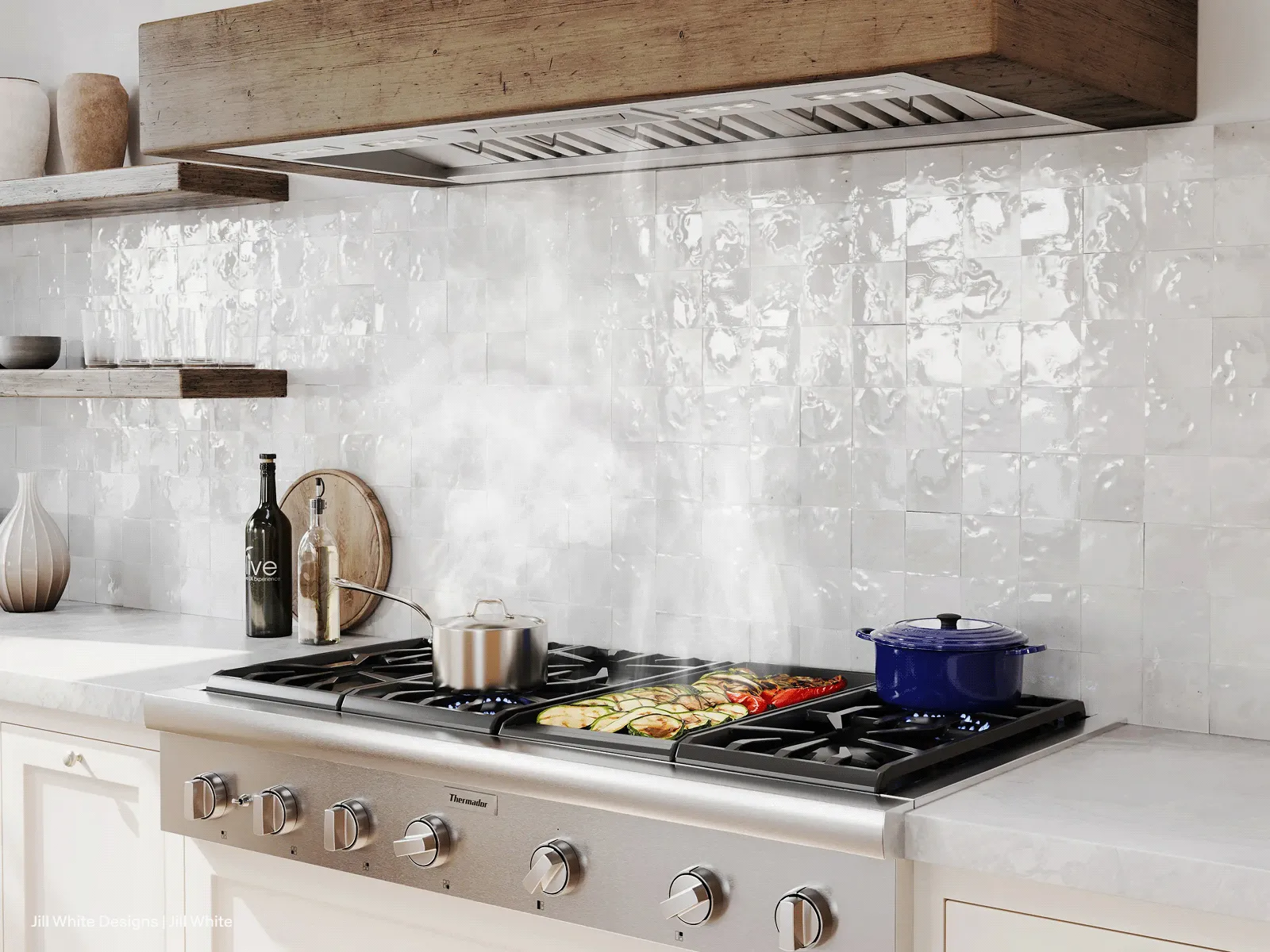 A Thermador professional-style gas range with food actively cooking and releasing steam. The steam is being captured by a stainless steel range hood insert, which is custom-fitted into a large, rustic wooden mantle above the cooktop.