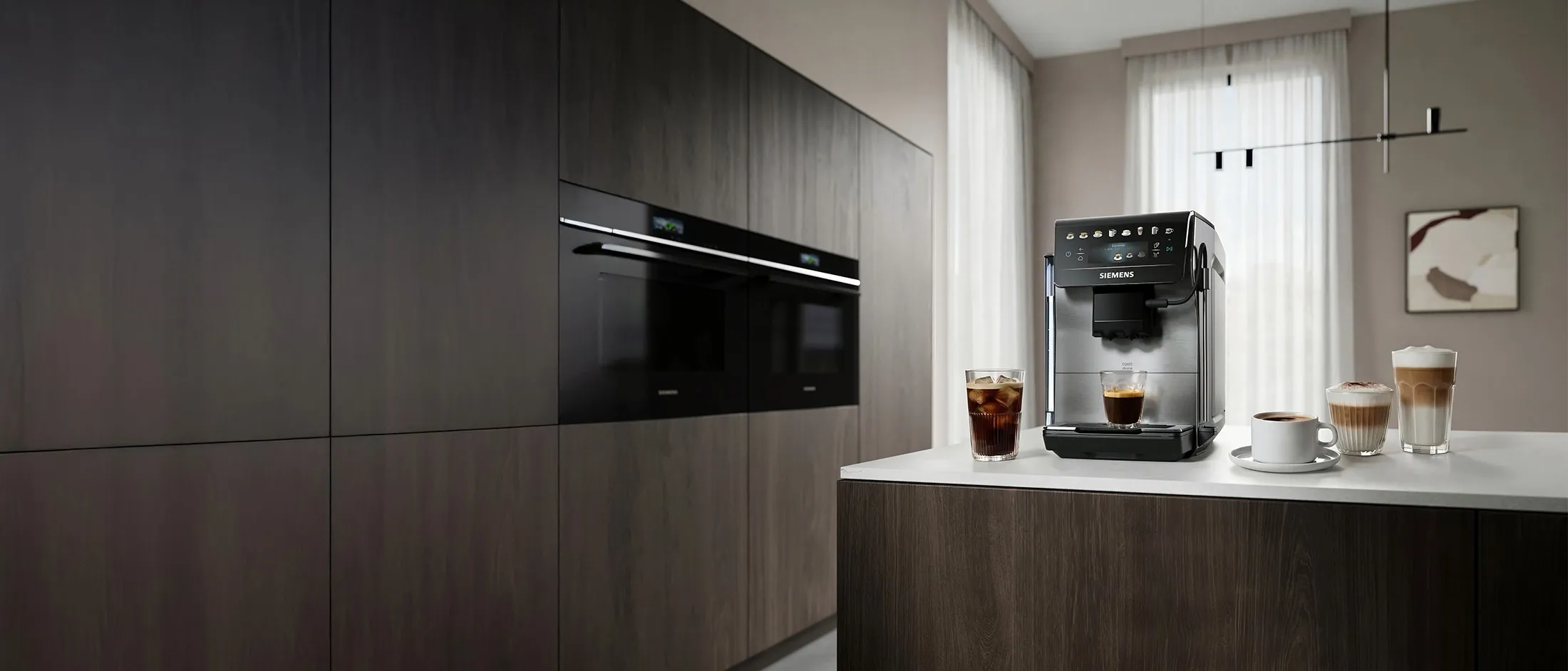 The Siemens EQ600 iAroma stands on top of a kitchen counter, surrounded by several hot and cold beverages.