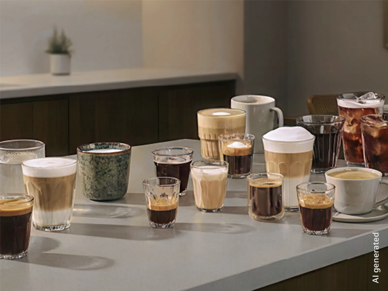 Various coffee specialities by Siemens EQ iAroma, including espresso, latte and cold brew.